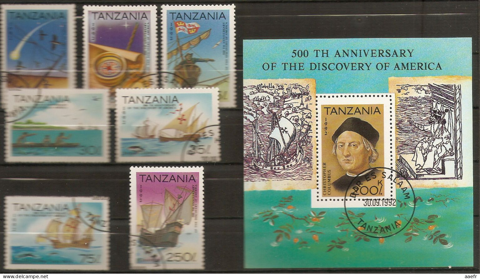 Tanzanie 1992 - Découverte De L'Amérique - Série Complète° - Sc 986/992 + Bloc 993 - Christophe Colomb - Caravelles - Tansania (1964-...)