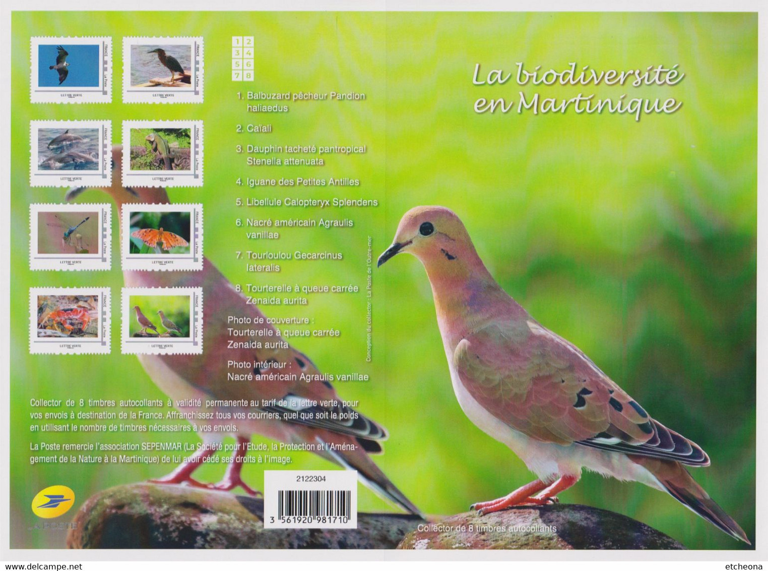 Collector Biodiversité En Martinique, 8 TVP LV Balbuzard Caïali Dauphin Iguane Libellule Nacré Tourloulou Tourterelle Ne - Collectors
