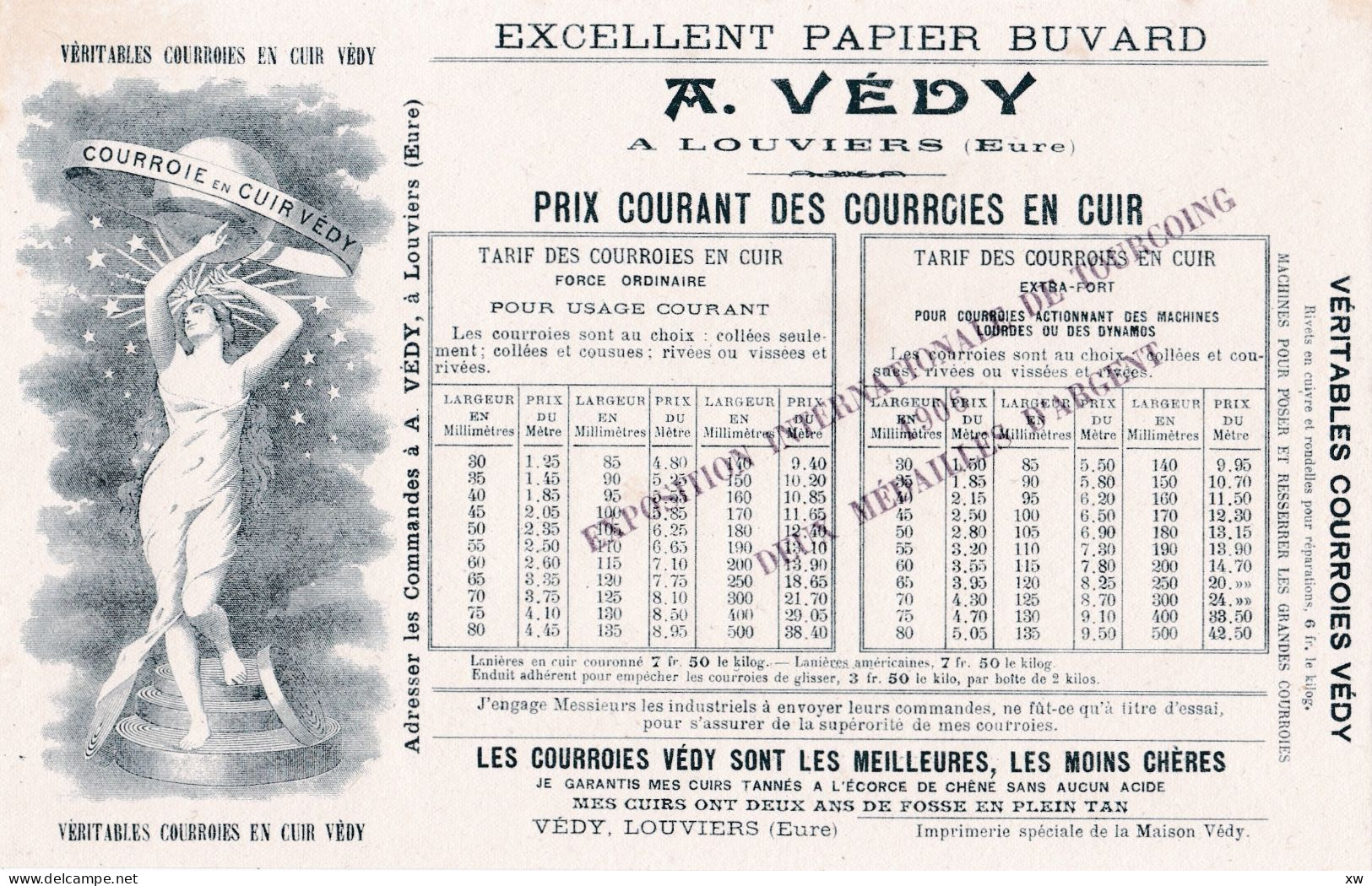 LOUVIERS -27- Buvard Ancien VERITABLES COURROIES EN CUIR VEDY- Après 1906 - Prix Courant Des Courroies En Cuir -16-05-24 - Sonstige & Ohne Zuordnung