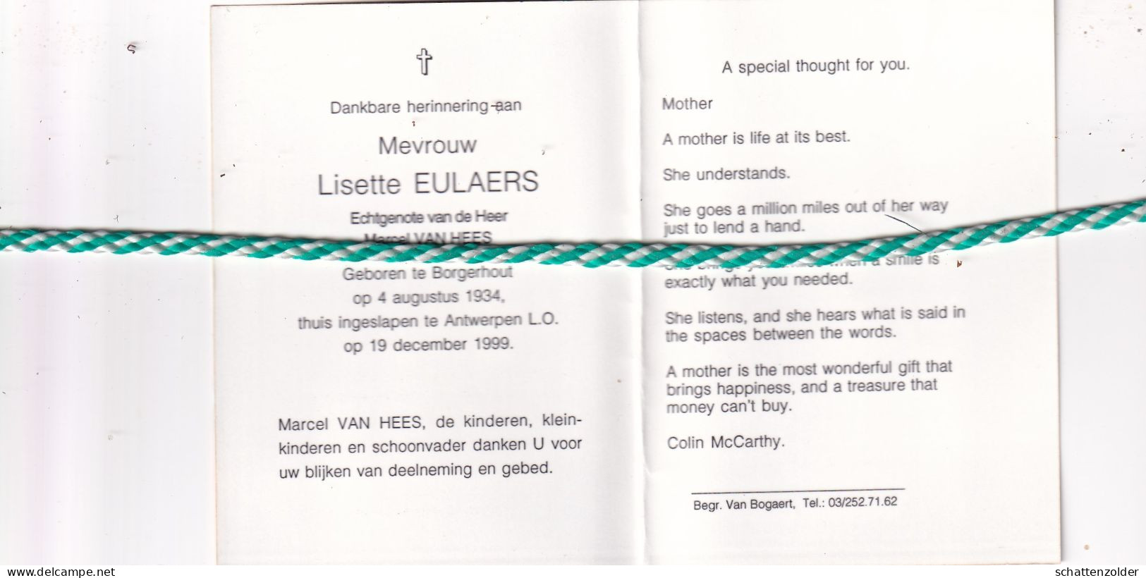 Lisette Eulaers-Van Hees, Borgerhout 1934, Antwerpen 1999. Foto - Obituary Notices