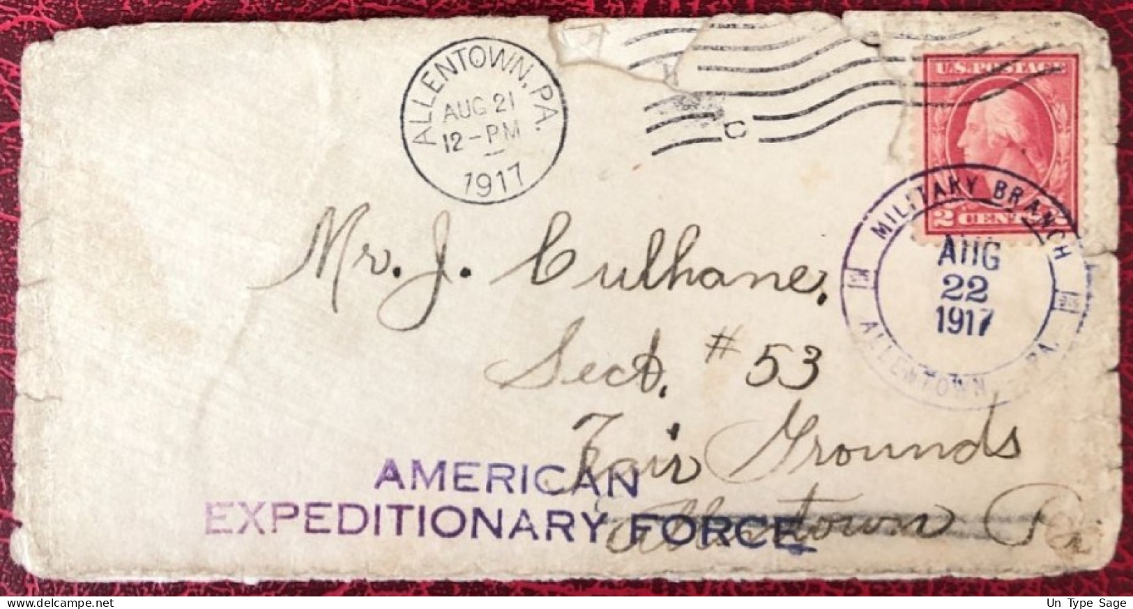 Etats-Unis, Divers Sur Enveloppe, Cachet Allentown 21.8.1917 + Griffe AMERICAN EXPEDITIONARY FORCE - (C1452) - Marcophilie