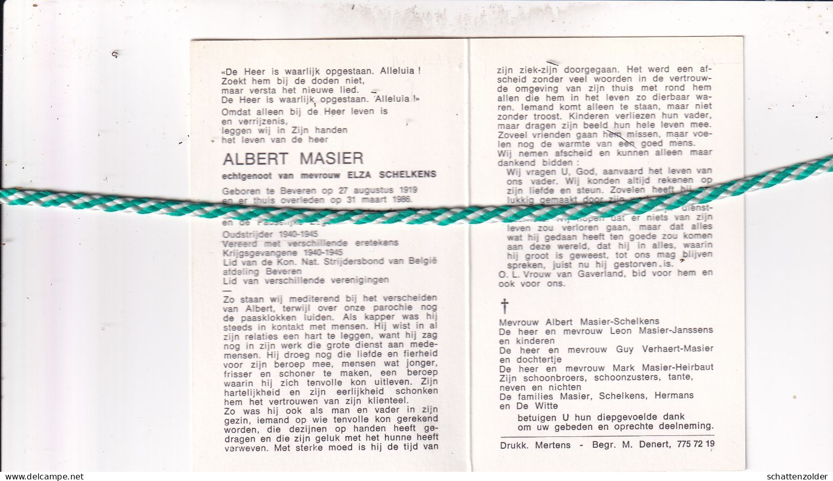Albert Masier-Schelkens, Beveren 1919, 1986. Oud-strijder 40-45, Foto - Décès