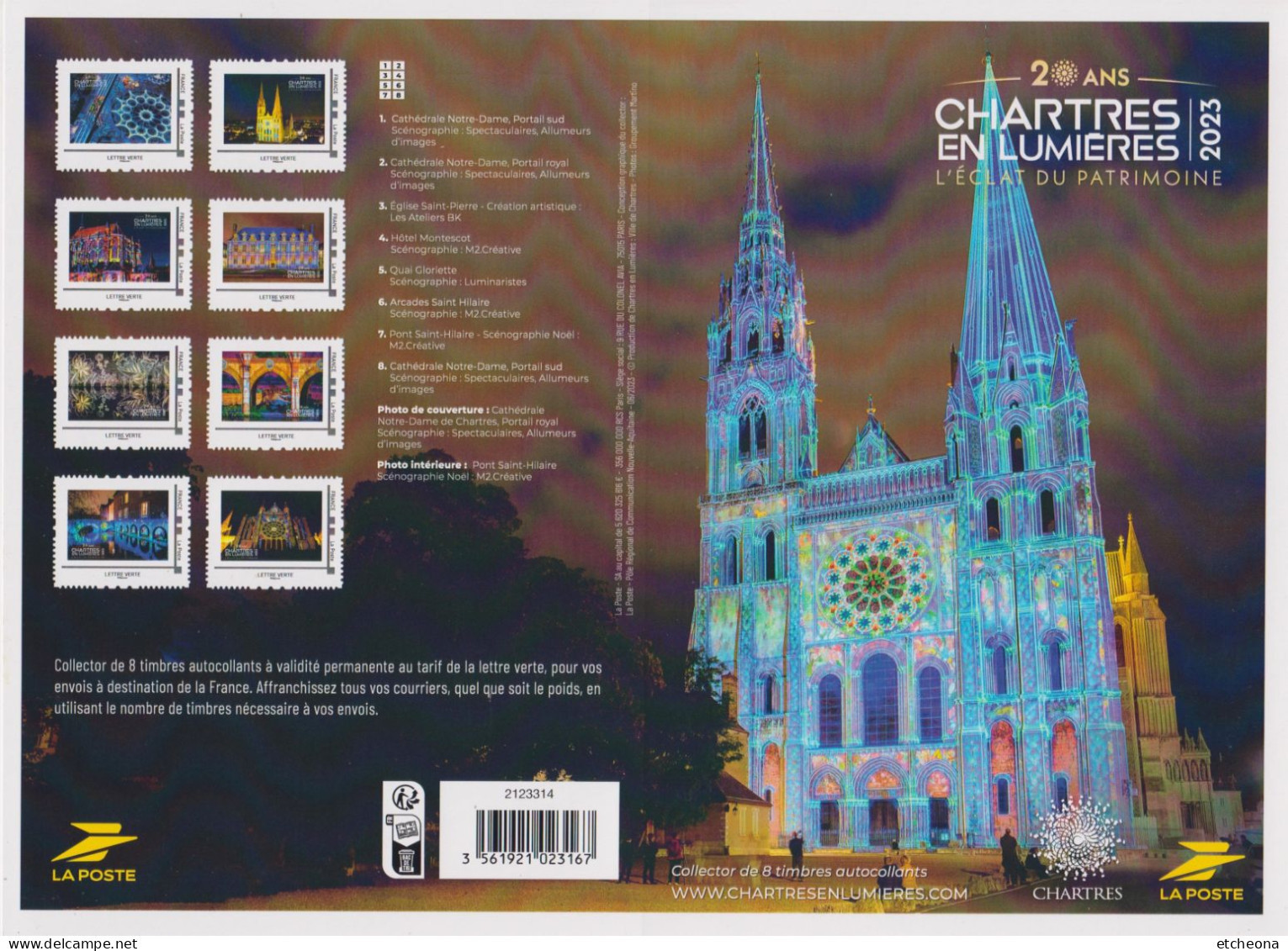 Collector 8 Timbres AdhésifsTVP LV Personnalisés Cadre Philaposte Neuf 20 Ans Chartres En Lumières L'éclat Du Patrimoine - Collectors