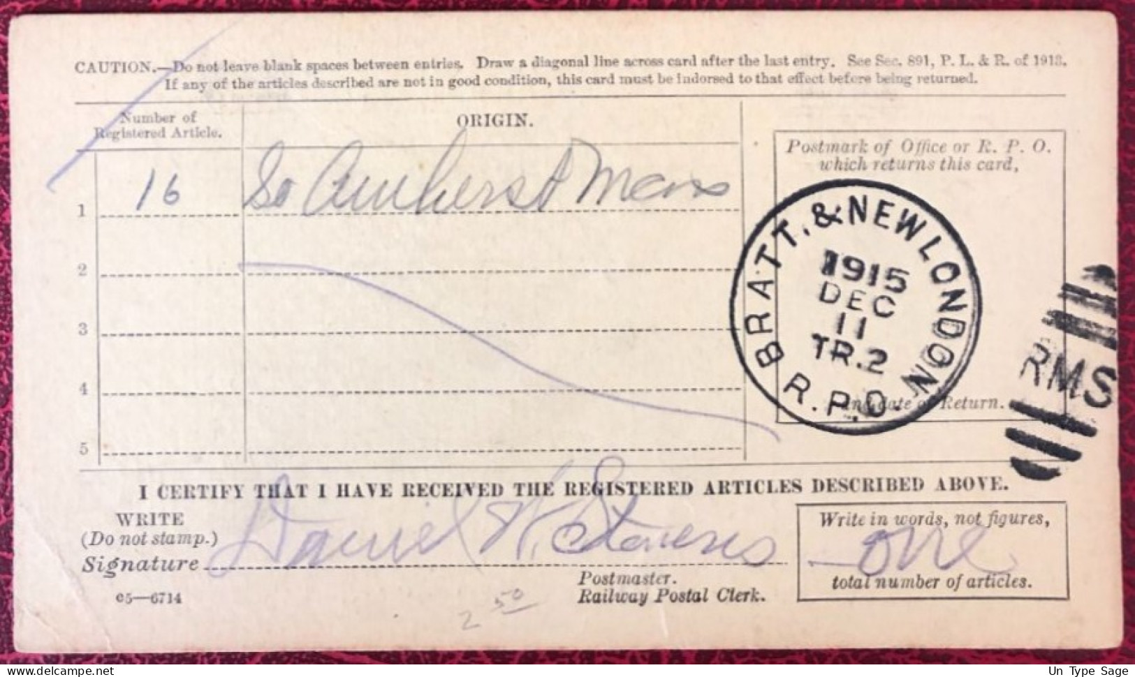 Etats-Unis, Divers Sur Carte, Cachet BRATT. 1 NEW LONDON R.P.O. / RMS 11.12.1915 - (C1455) - Poststempel