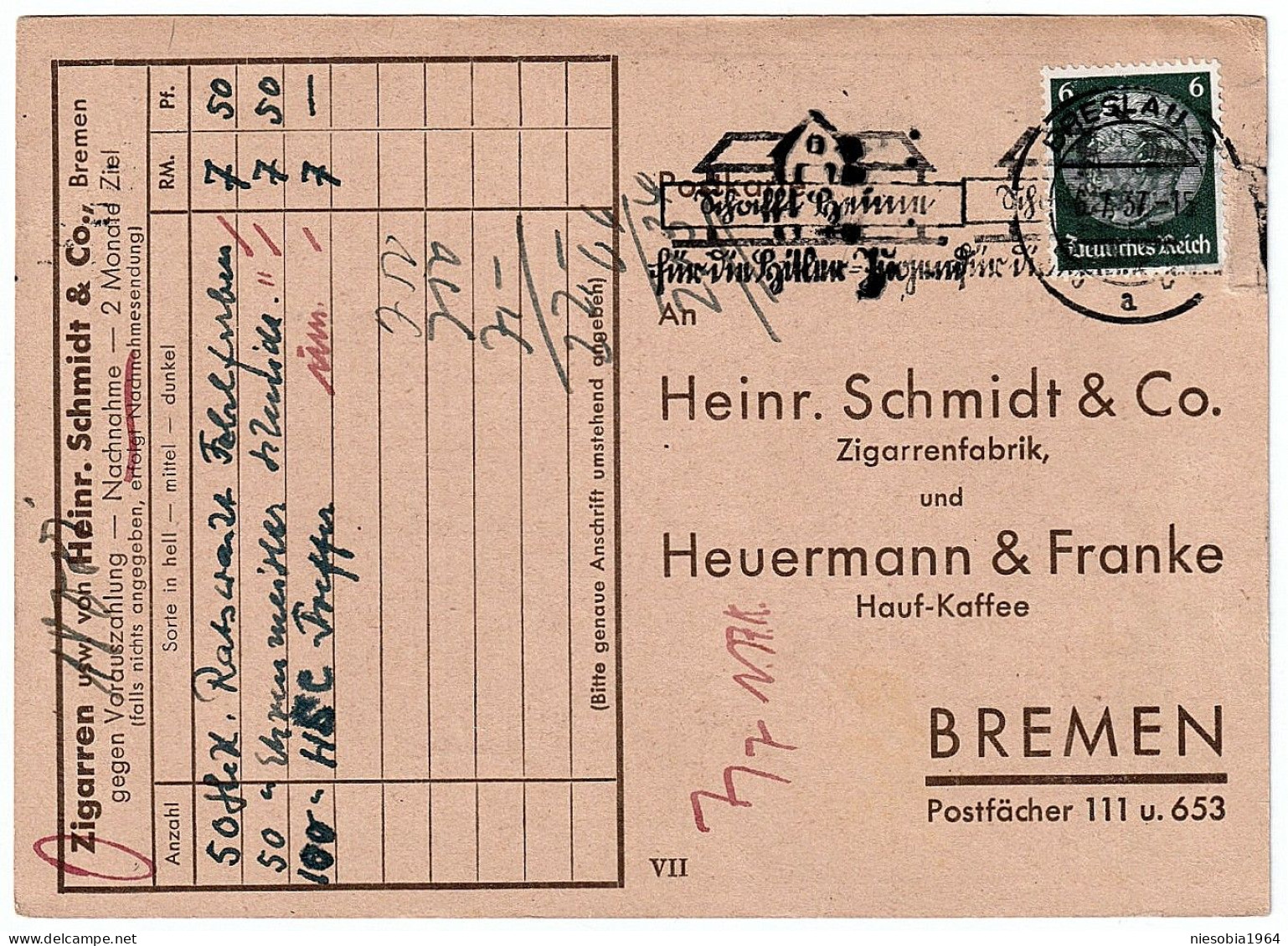 Company Postcard H.Schmidt & Co. Cigar Factory & Heurenmann & Franke Hauf-Kaffe BREMEN Special Seal Breslau 07/06/1937 - Cartes Postales