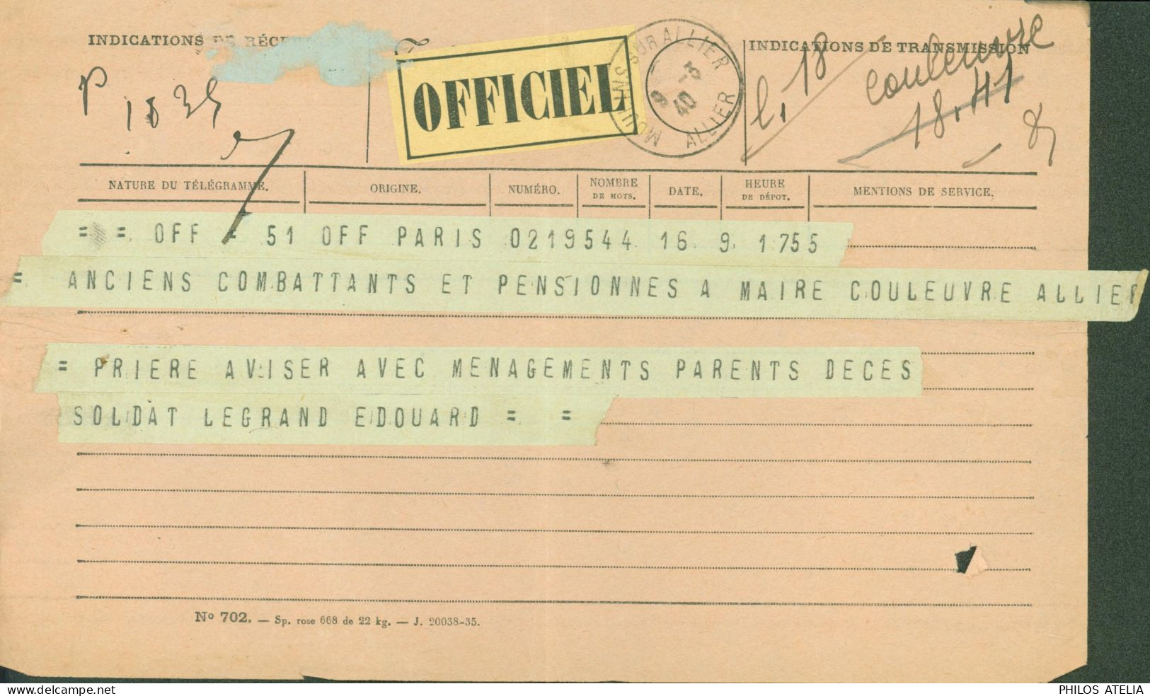 Guerre 40 Télégramme Officiel Avis Décès Soldat Edouard Legrand Au Maire De Couleuvre CAD Moulins Sur Allier 9 3 40 - Guerre De 1939-45