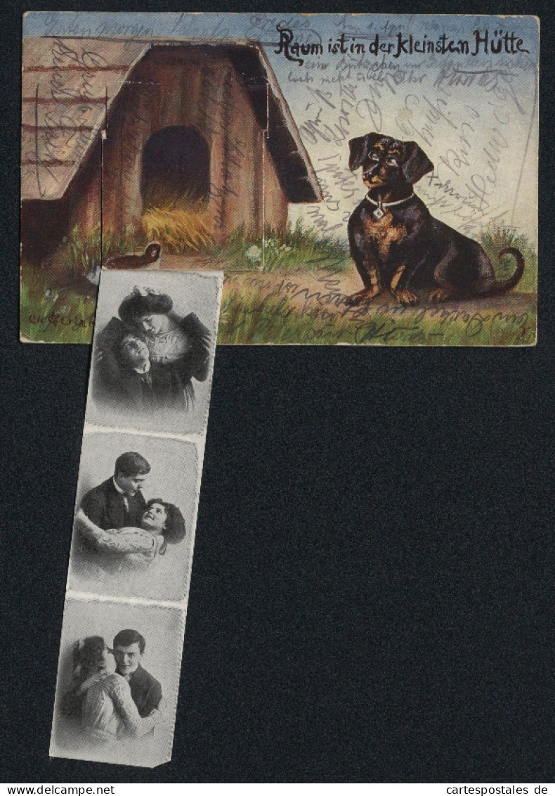 Leporello-AK Ein Dackel Vor Seiner Hundehütte, Innige Fotos Eines Paares Darin  - Dogs
