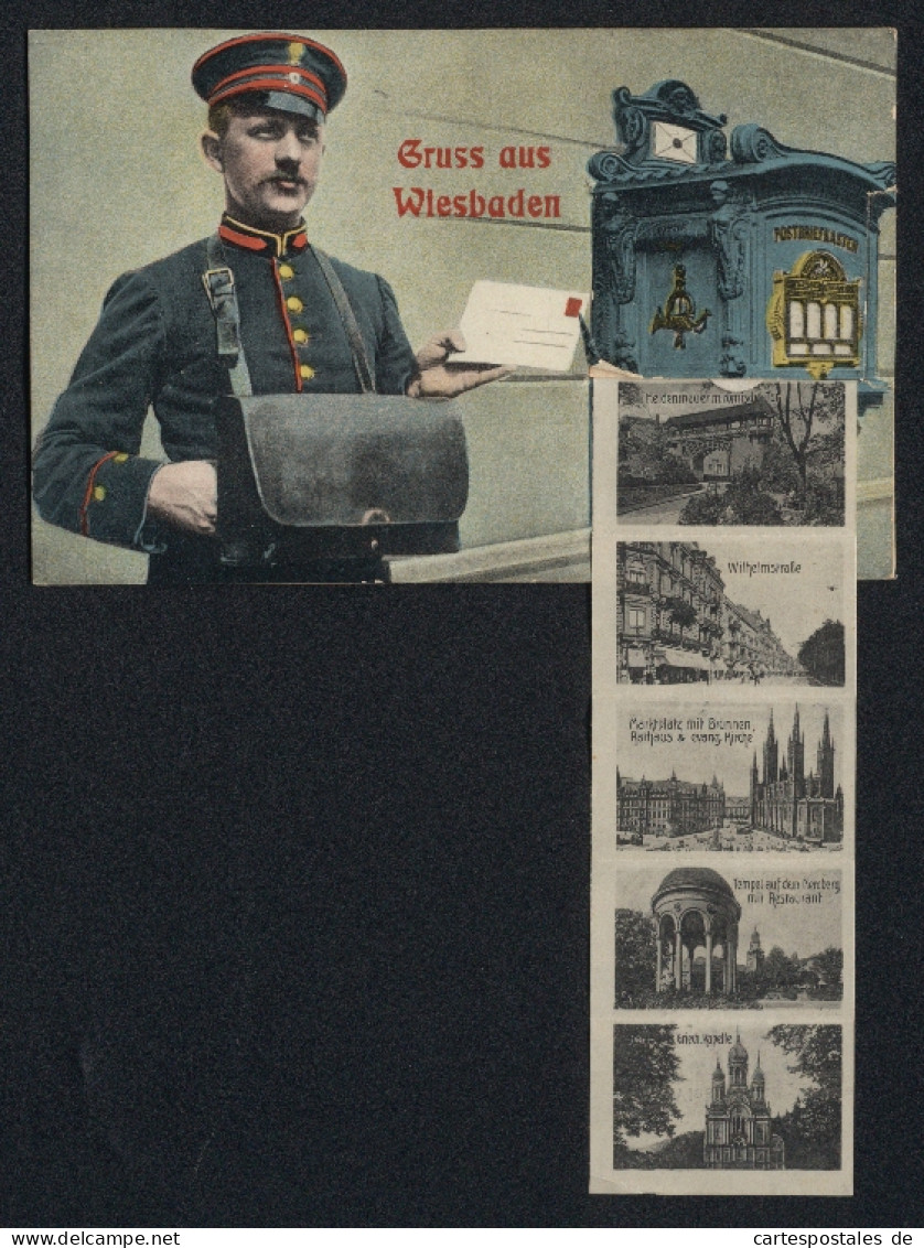 Leporello-AK Wiesbaden, Postbote Wirft Ansichten In Den Briefkasten, Neues Curhaus Mir Kurgarten, Königl. Theater  - Postal Services