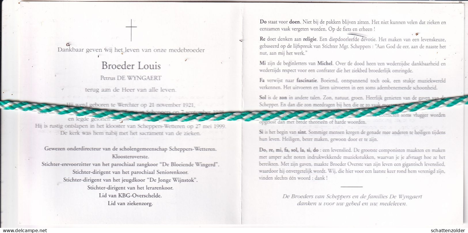 Broeder Louis (Petrus De Wyngaert), Werchter 1921, Klooster Van Scheppers Wetteren 1999. Foto - Todesanzeige