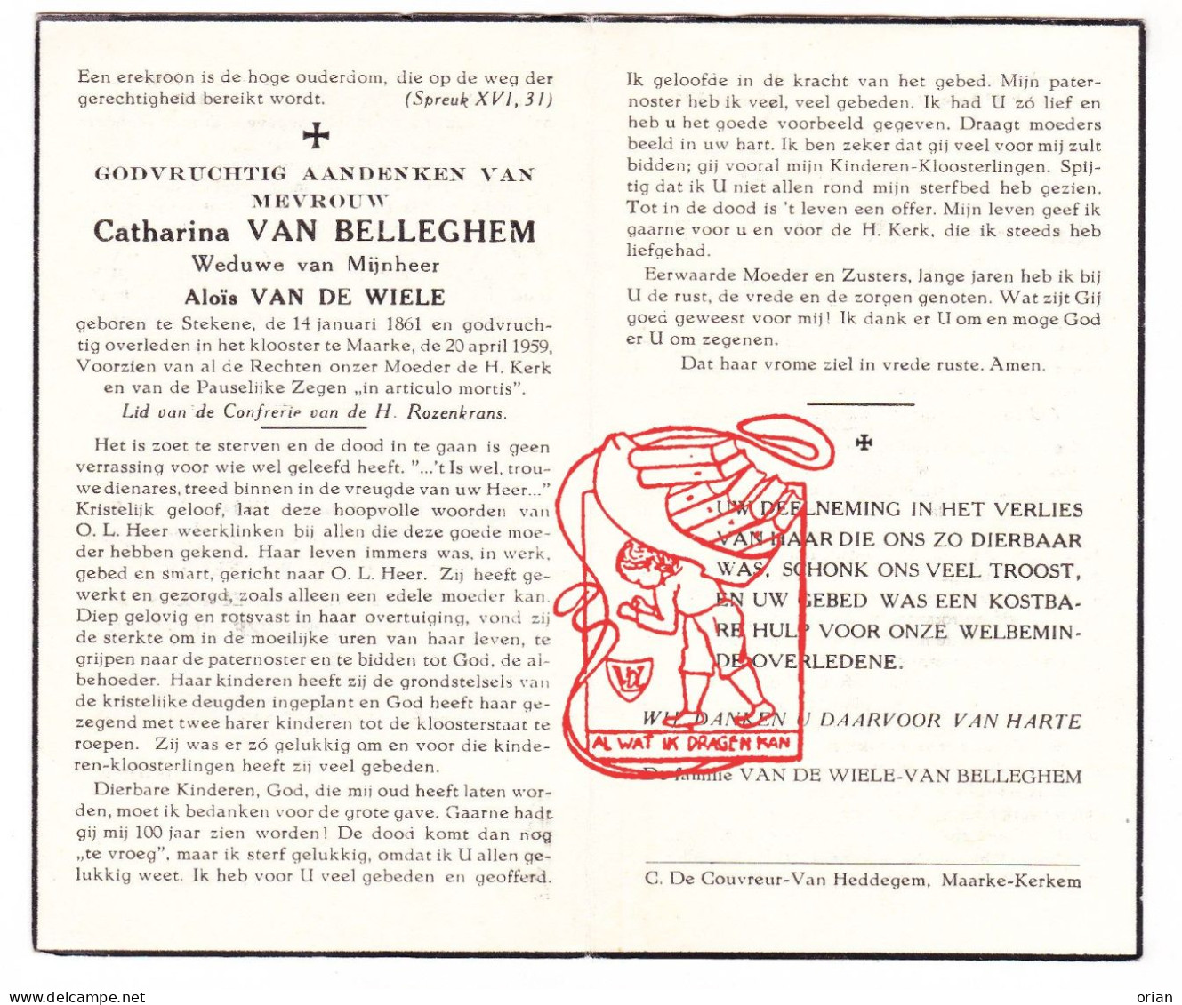 DP Catharina Van Belleghem ° Stekene 1861 † Klooster Maarke Maarkedal 1959 X Aloïs Van De Wiele Vandewiele - Andachtsbilder