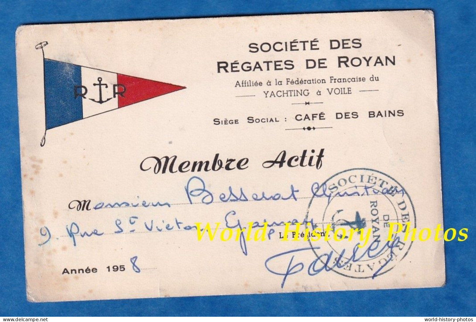 Carte De Membre Ancienne - Société Des Régates De ROYAN - Siége Café Des Bains - 1958 - Fédération Yachting à Voile - Cartes De Membre