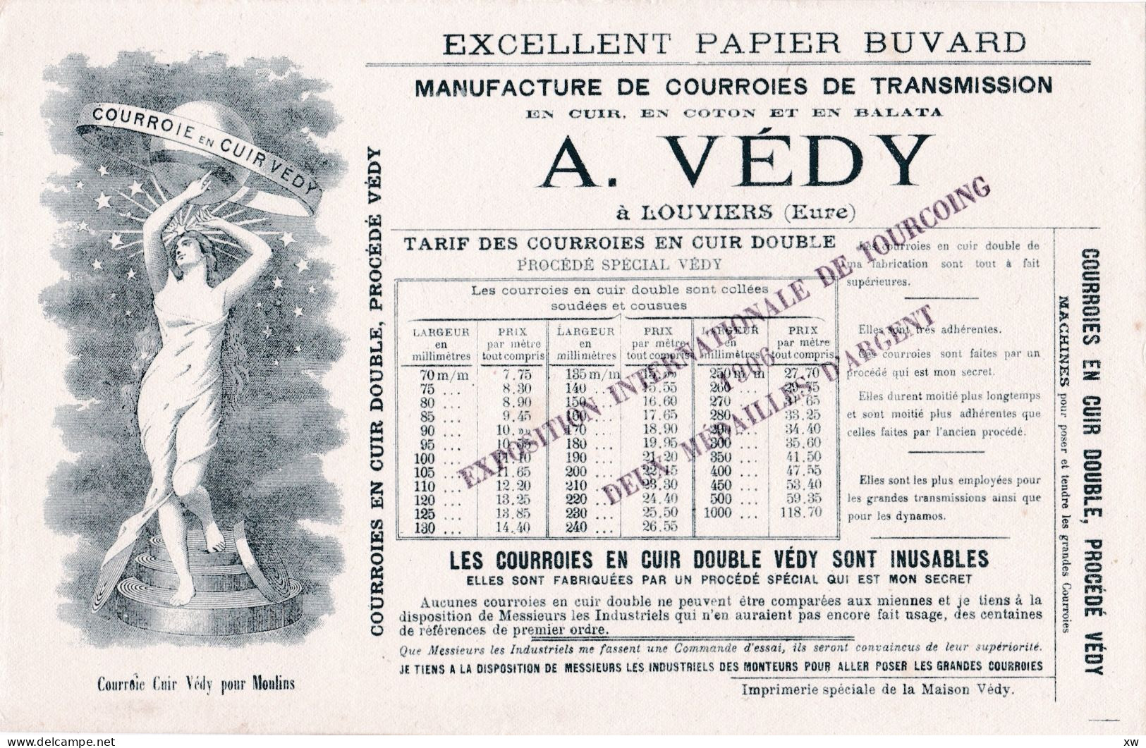 LOUVIERS -27-Buvard Ancien COURROIES CUIR VEDY Pour Moulins-après 1906-Manufacture De Courroies De Transmission-16-05-24 - Otros & Sin Clasificación