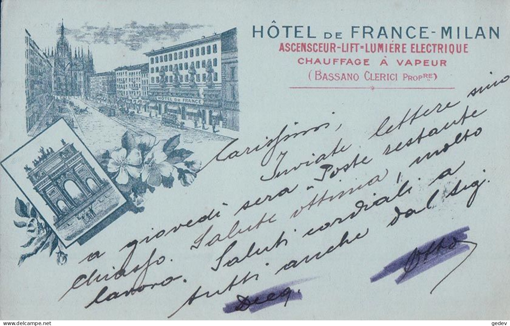 Italie, Milan, Hôtel De France, Prop. Bassano Clerici, Litho (23.1.1901) - Milano (Mailand)