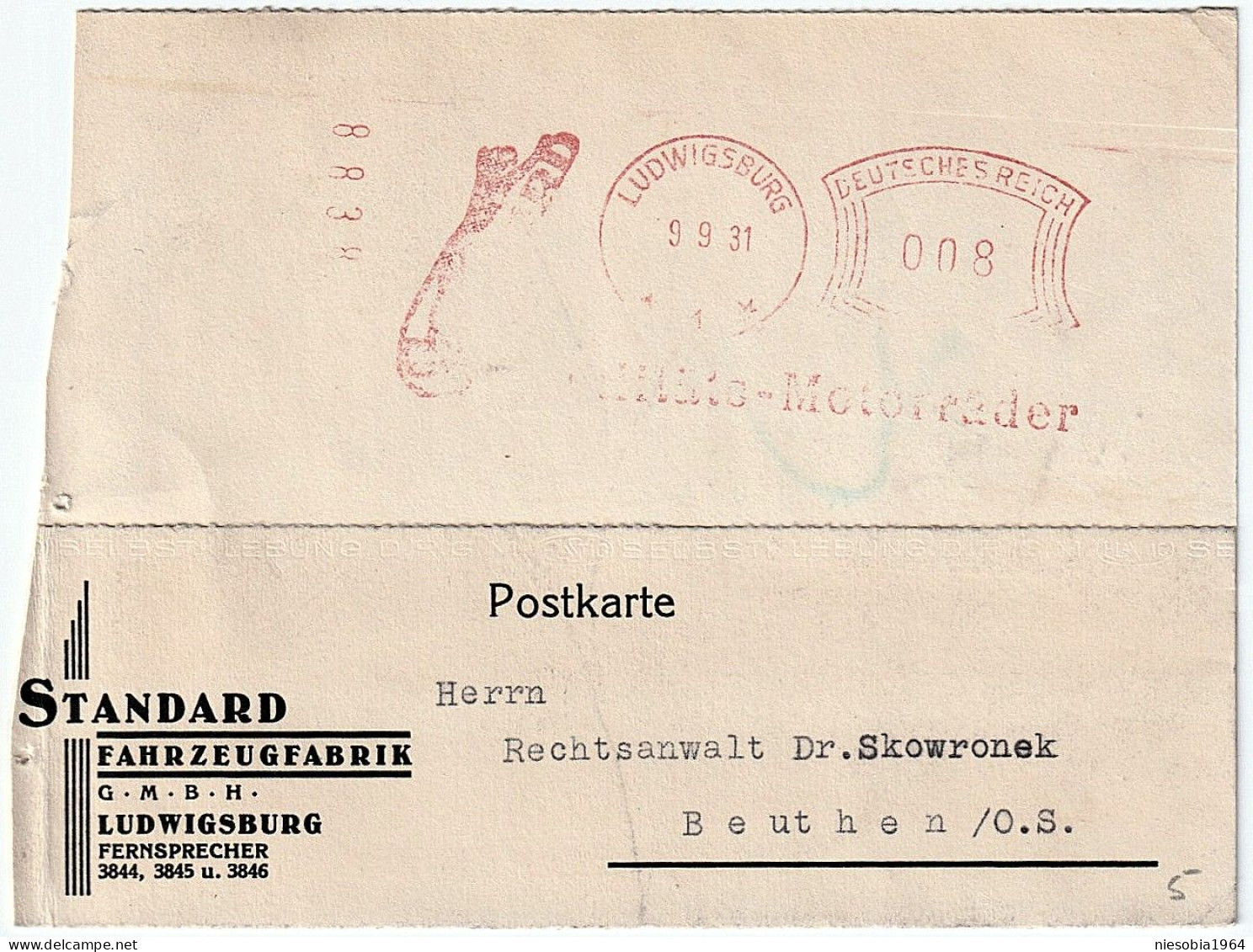 STANDARD Vehicle Factory Company Postcard Special Seal DR 006 Ludwigsburg 09.09.1931 - Cartes Postales