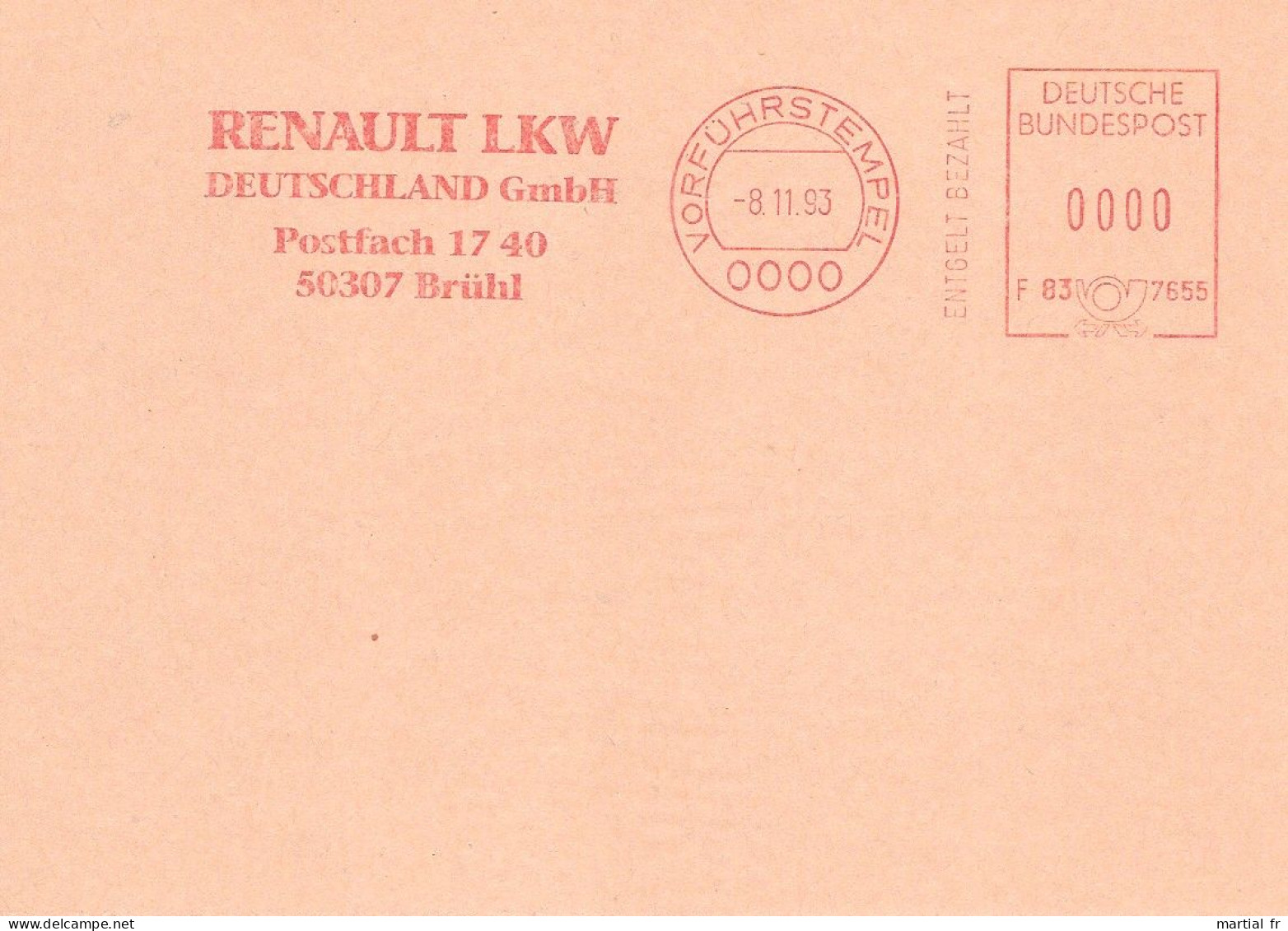 EMA SPECIMEN ALLEMAGNE DEUTSCHLAND GERMANY RENAULT LKW VORFUHRSTEMPEL AUTO AUTOMOBILE VOITURE CAR CAMION BRUHL 50307 - LKW