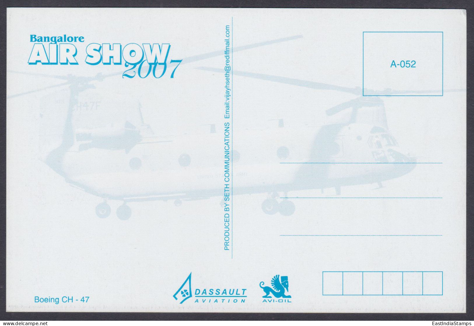 Inde India 2007 Mint Postcard Bangalore Air Show Boeing CH-47, United States Army, Aircraft, Aeroplane, Airplane - India