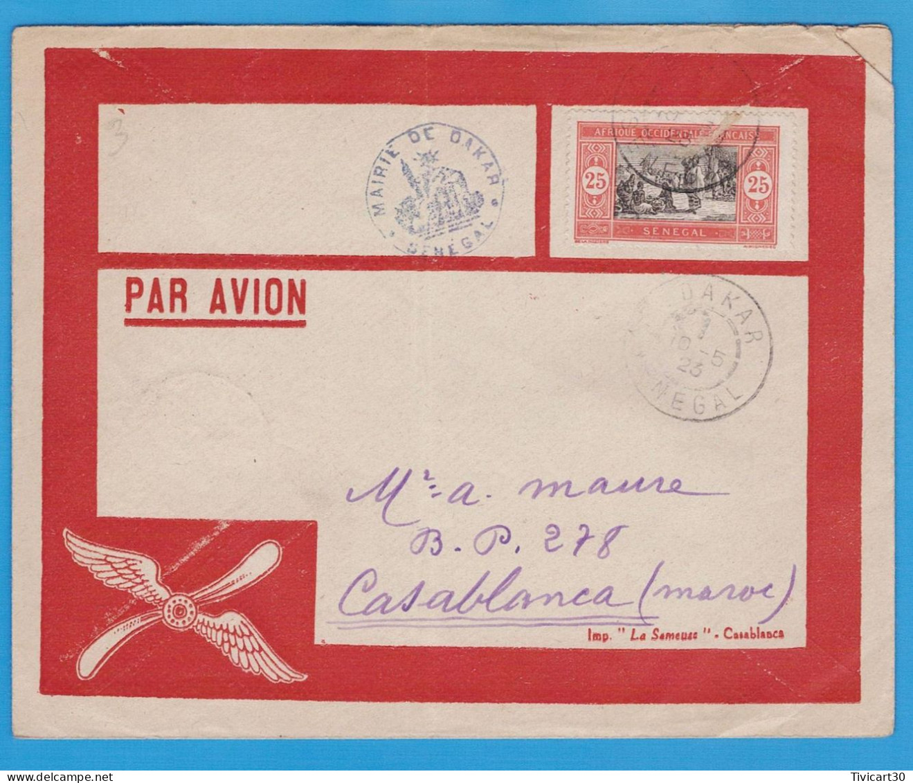 LETTRE PAR AVION LATECOERE - DAKAR (10 MAI 1923) POUR CASABLANCA (22 MAI 1923) - MISSION ROIG - CACHET "MAIRIE DE DAKAR" - Covers & Documents