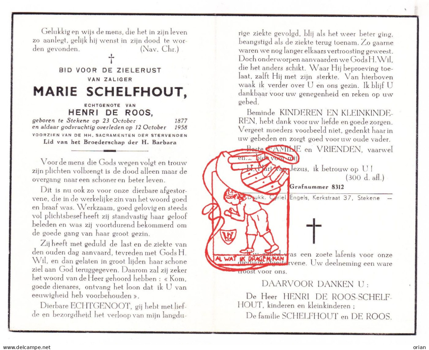 DP Marie Schelfhout ° Stekene 1877 † 1958 X Henri De Roos - Images Religieuses