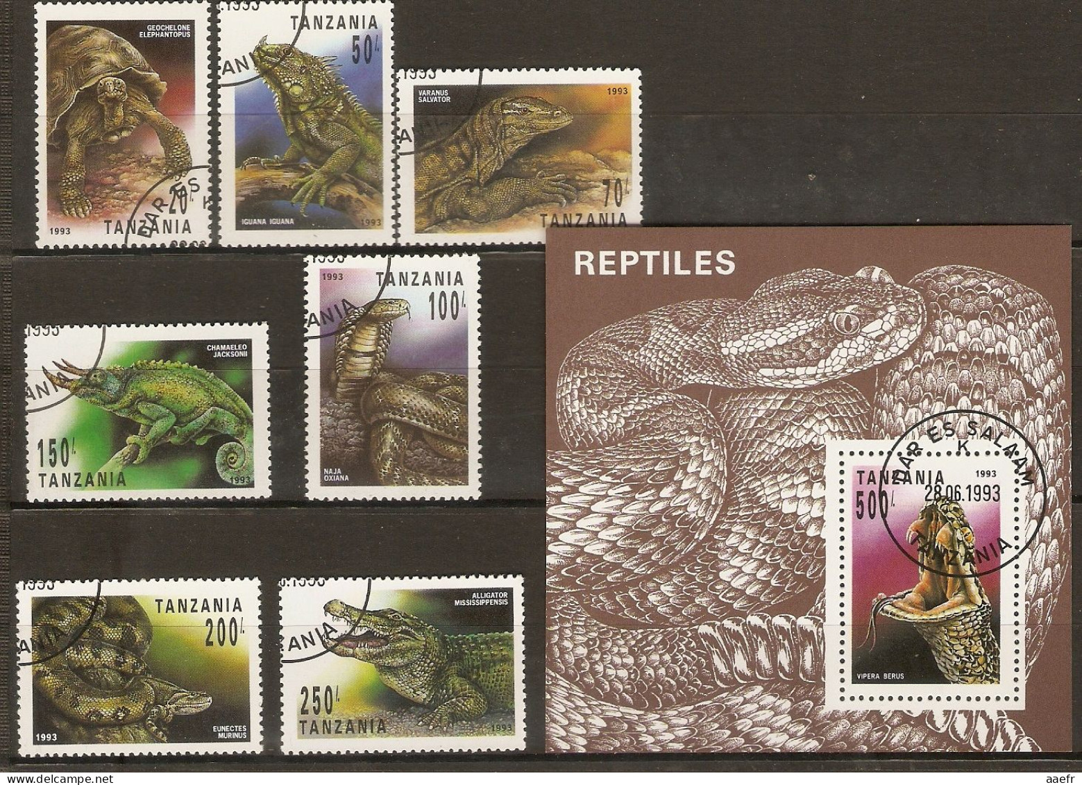Tanzanie 1993 - Reptiles - Série Complète° - Sc 1128/1134 + Bloc 1135 - Alligator - Tortue - Varan - Iguane - Vipère - Tanzanie (1964-...)