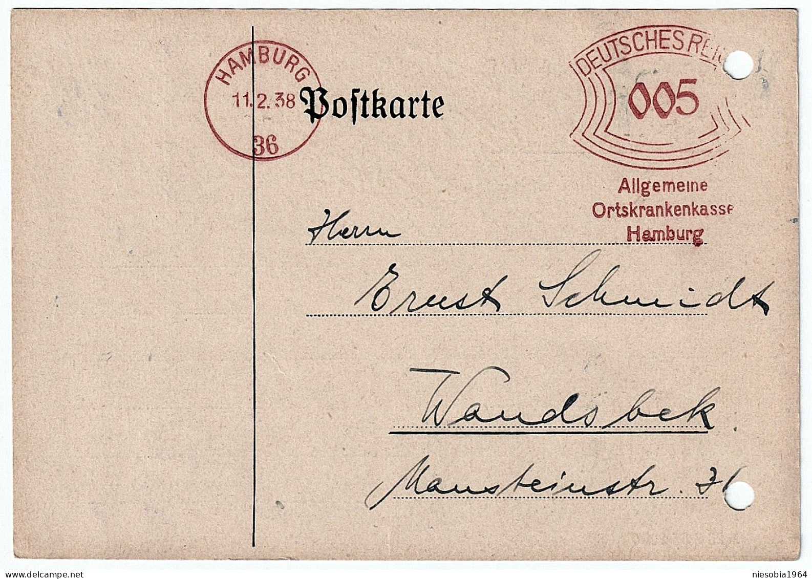 See Health Insurance, Company Postcard Seal DR 005 Hamburg 02/11/1938 / SEE-KRANKENKASSE Hamburg - Postkarten