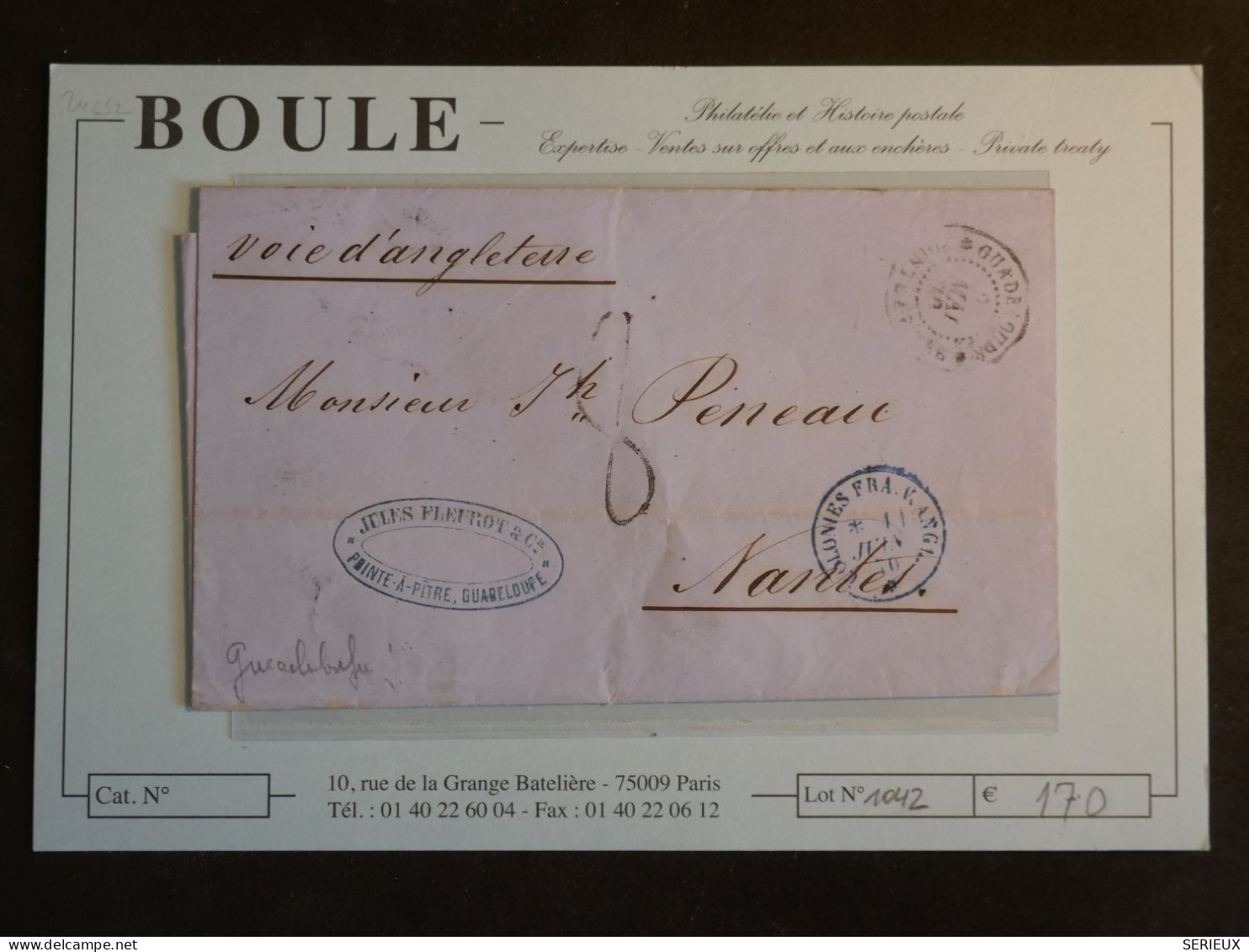 DN0 GUADELOUPE   LETTRE RR 1870 VOIE ANGLAISE  POINTE A PITRE A MARSEILLE  FRANCE + + AFF. INTERESSANT+++ - 1849-1876: Période Classique