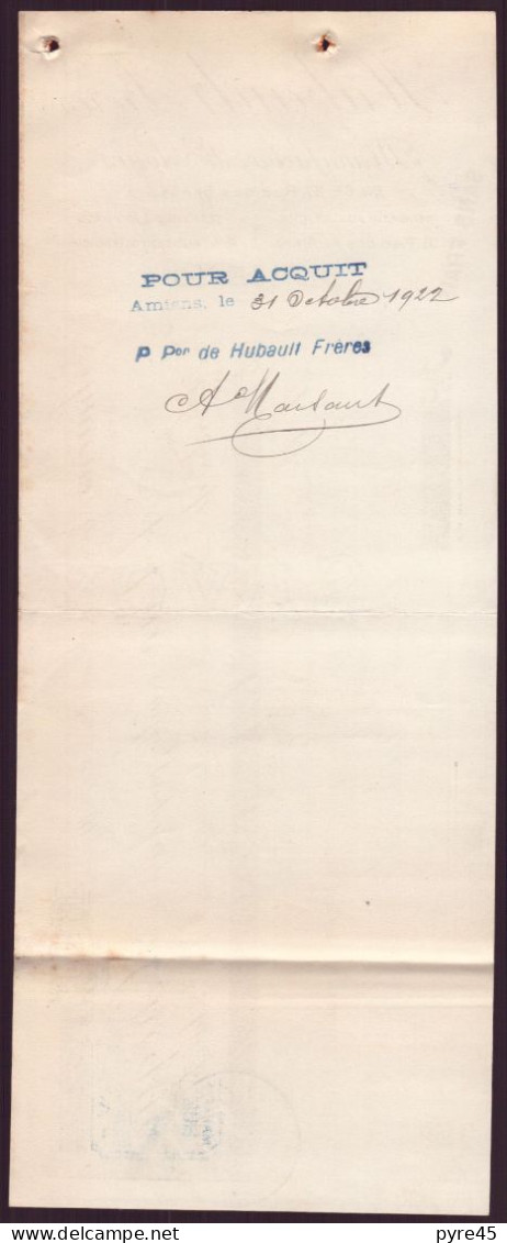 CHEQUE DU 25 / 10 / 1922 HUBAULT FRERES MANUFACTURE DE VELOURS AMIENS - Cheques & Traveler's Cheques