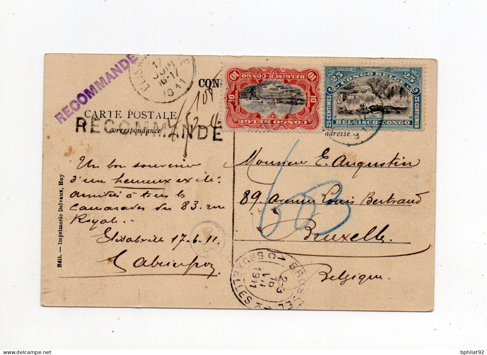 !!! CONGO BELGE, CPA RECOMMANDEE D'ELISABETHVILLE DE 1911 POUR BRUXELLES - Covers & Documents