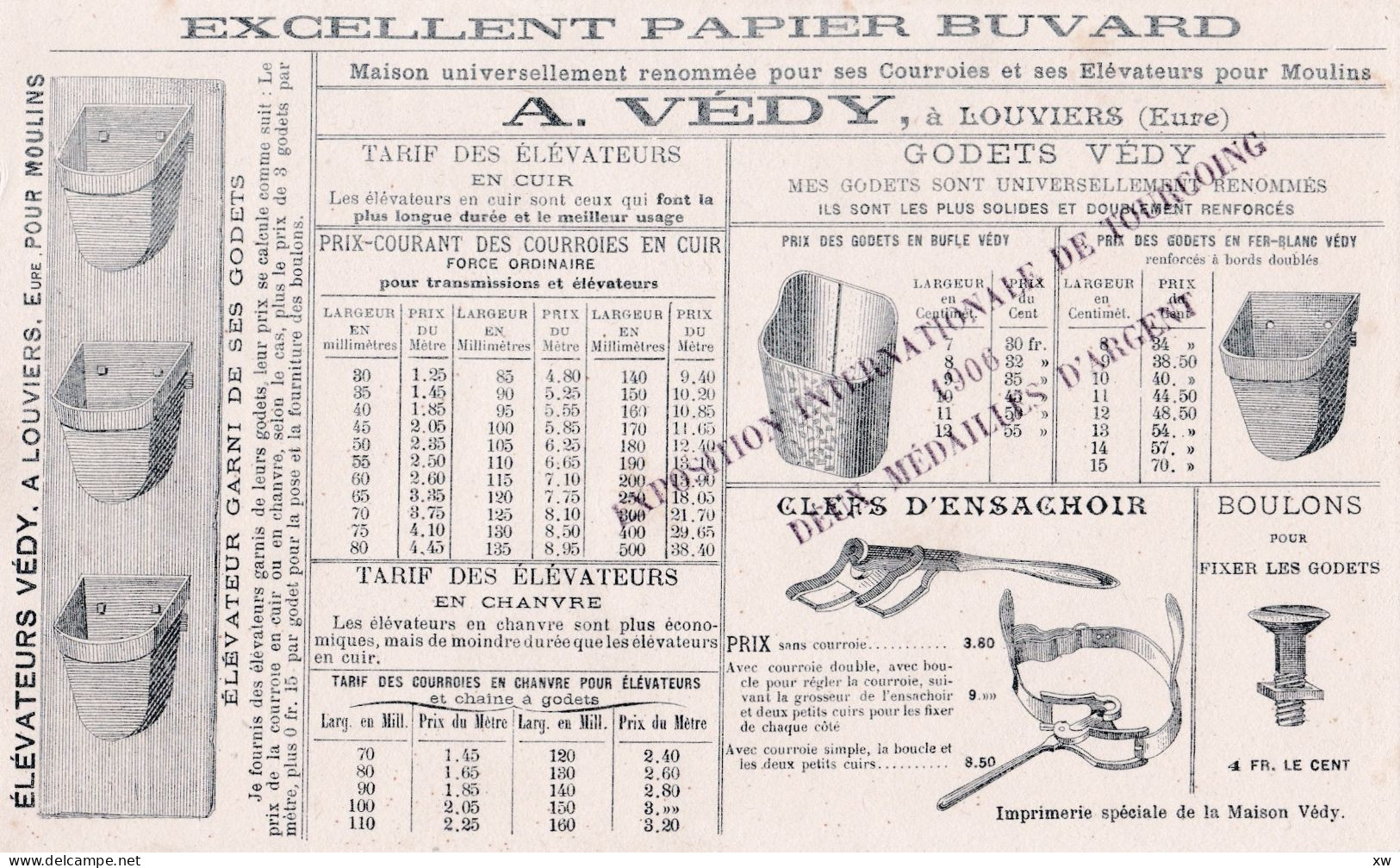 LOUVIERS -27- Buvard Ancien TARIF DES ACCESSOIRES VEDY POUR MOULINS - Après 1906 - 16-05-24 - Sonstige & Ohne Zuordnung