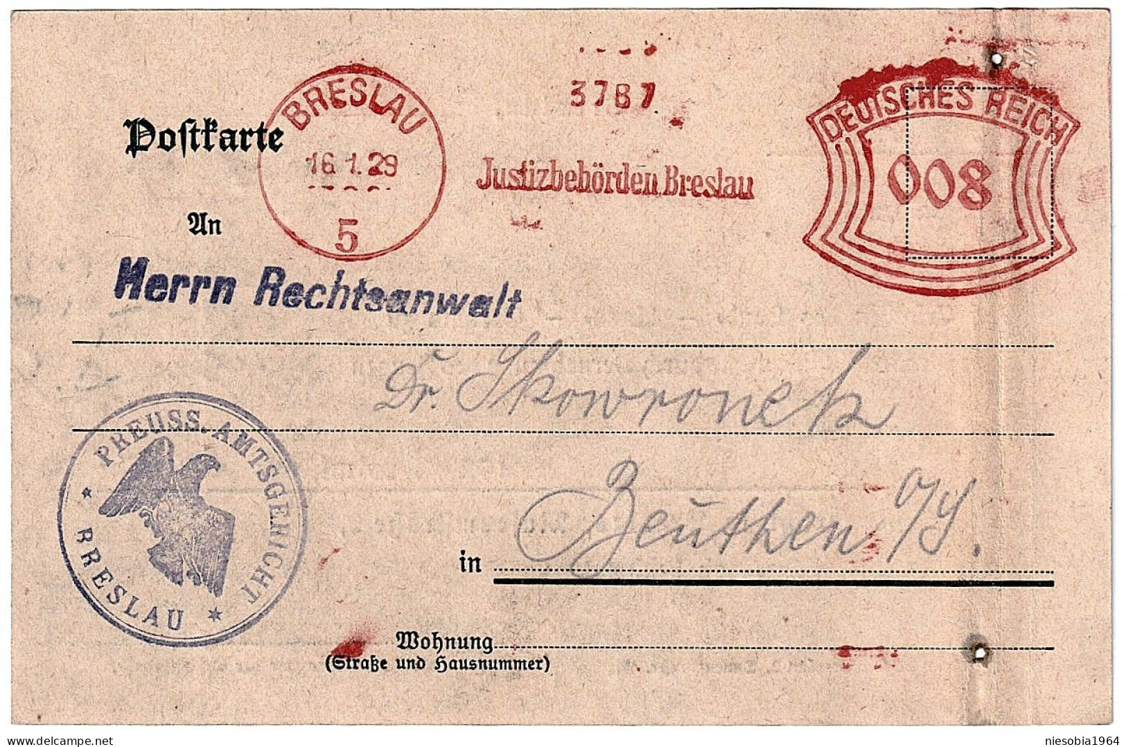 Prussia. Breslau District Court Companies Postcard Special Seal Judicial Authorities Breslau DR 008 - June 16, 1929 - Cartes Postales