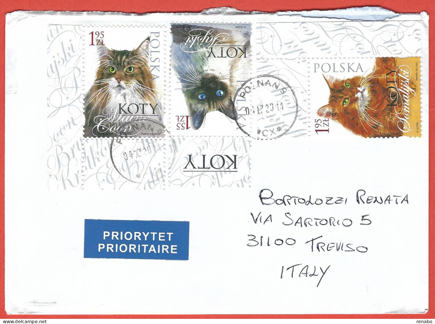 Polonia, Polska, Poland, Pologne; Envelope With Cats, Gatti, Chats, Katzen Of 2010 Travelled 2014. - Chats Domestiques