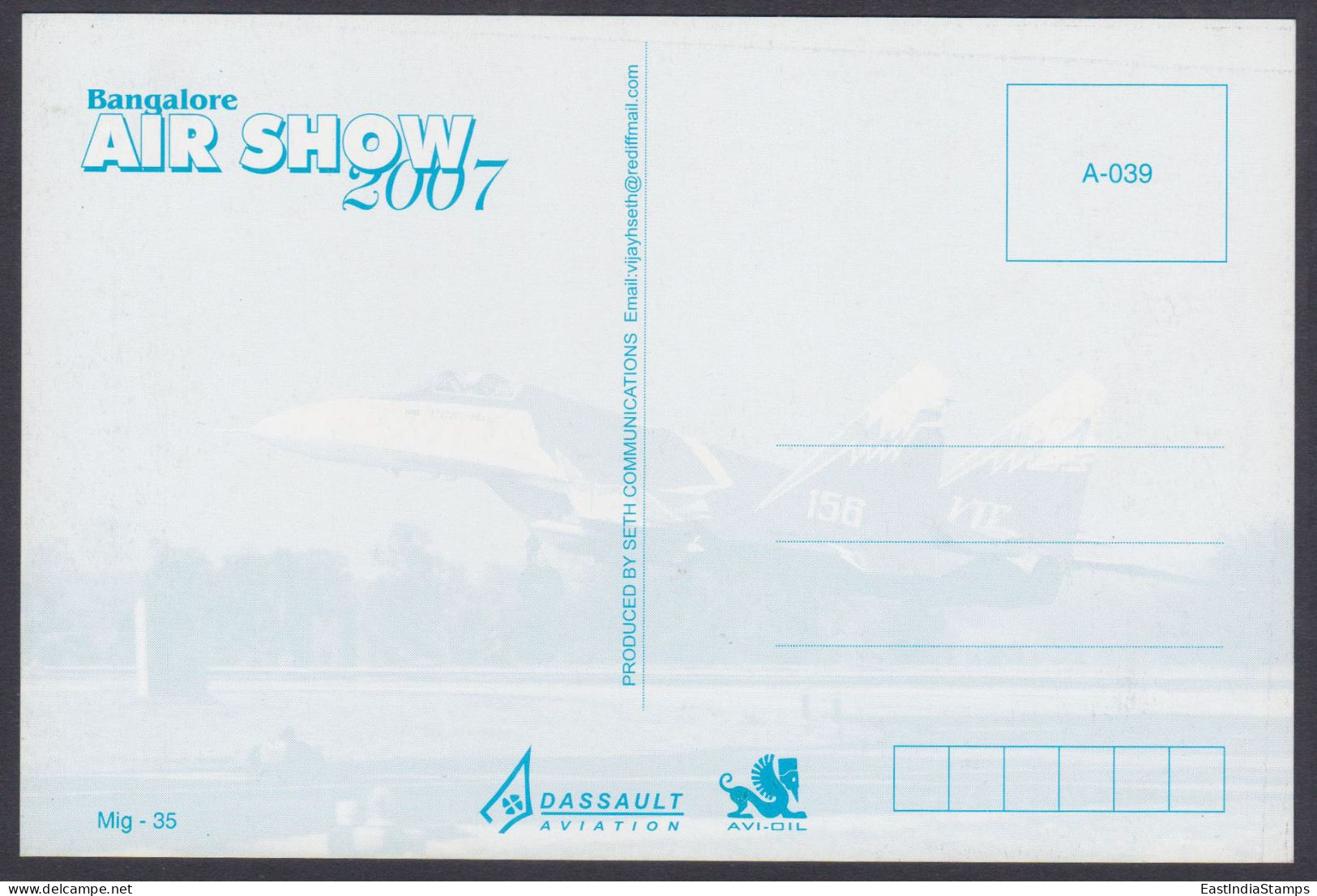 Inde India 2007 Mint Postcard Bangalore Air Show MIG 35, Aircraft, Airplane, Aeroplane, Russia - Inde