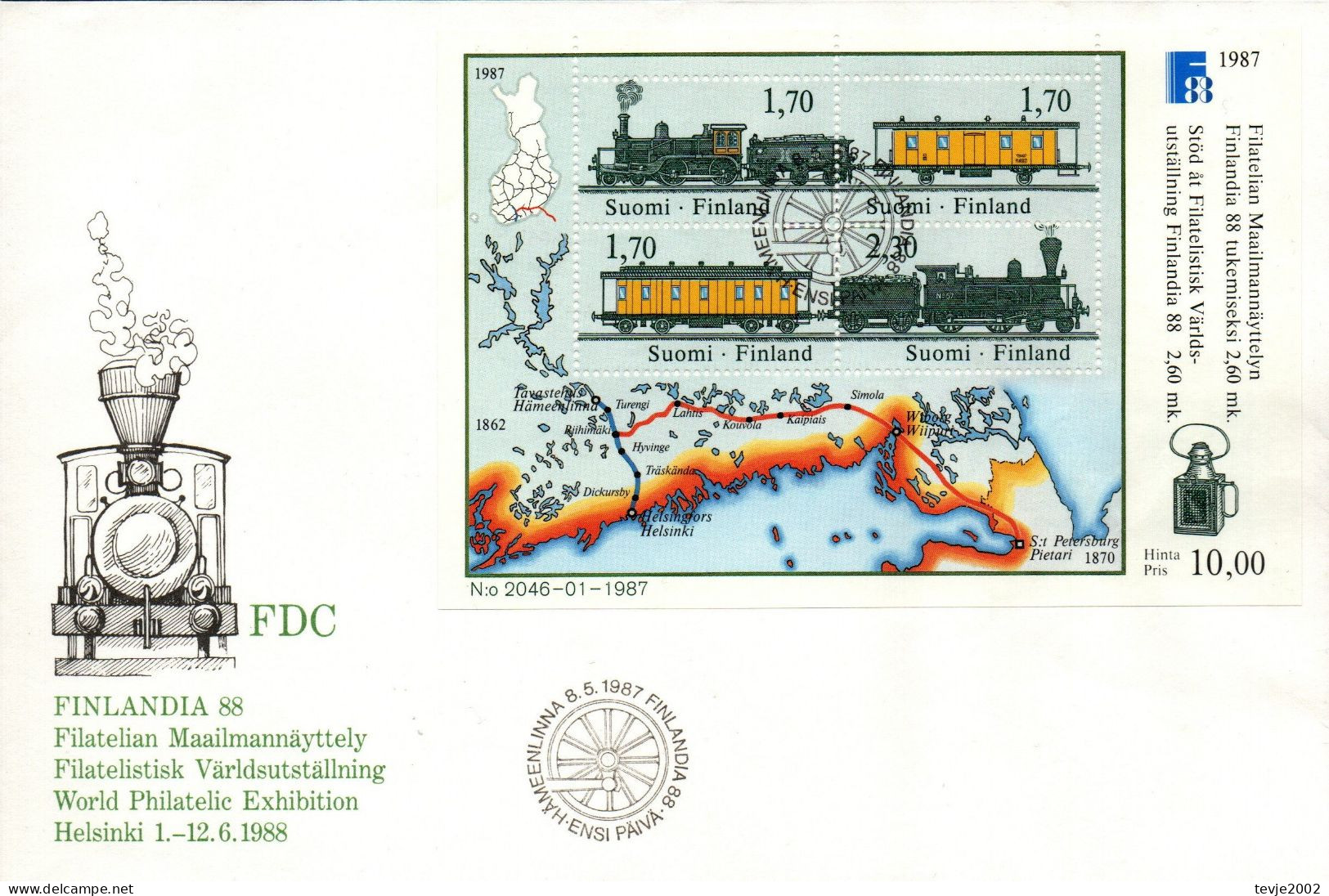 Finnland Suomi 1987 - Mi.Nr. Block 3 - Ersttagsbrief FDC - Eisenbahnen Railways - Trains