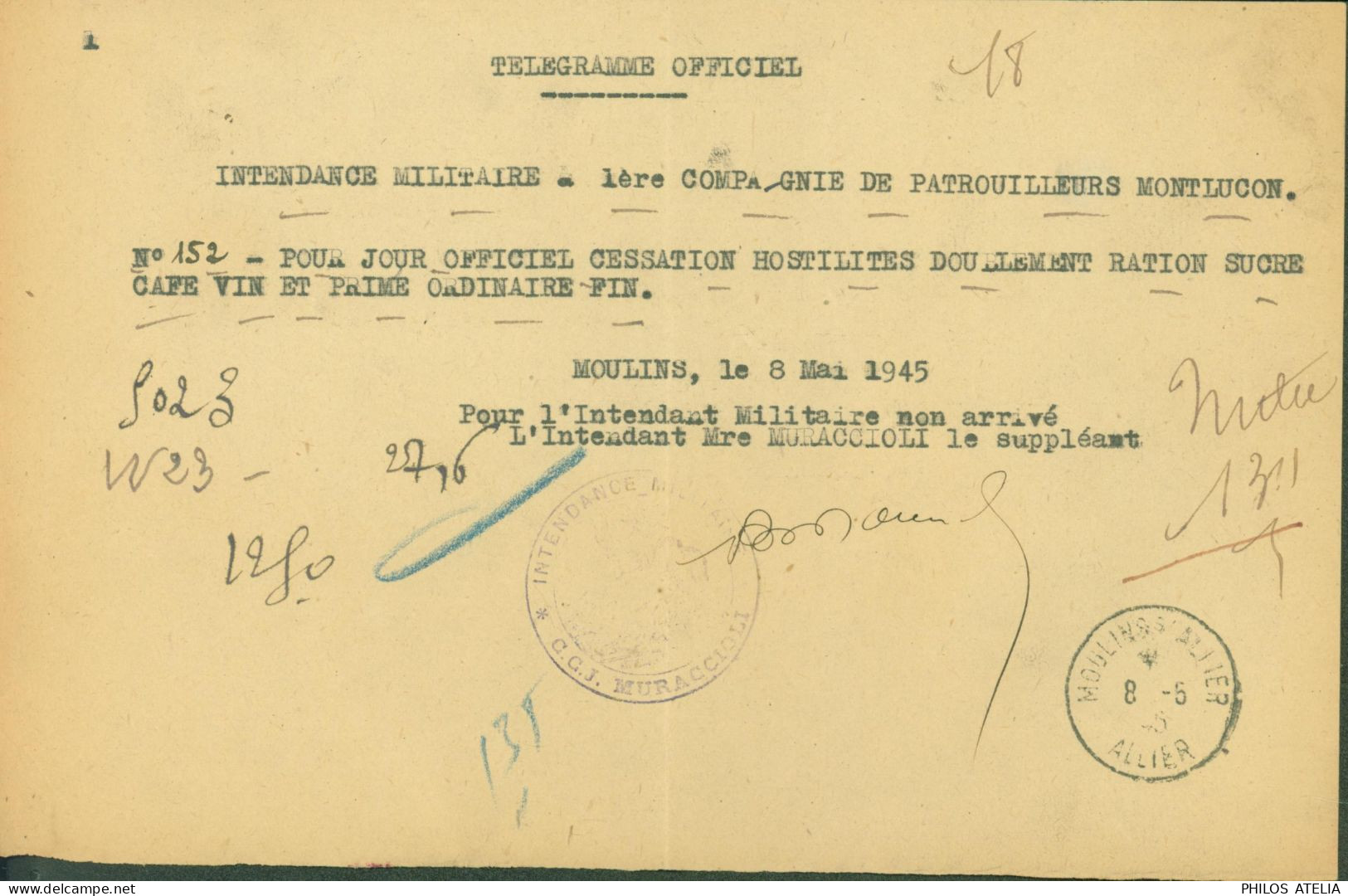 Télégramme Pour Jour Officiel Cessation Hostilités Doublement Ration CAD 8 5 1945 Fin Guerre 40 Moulins Sur Allier - 2. Weltkrieg 1939-1945