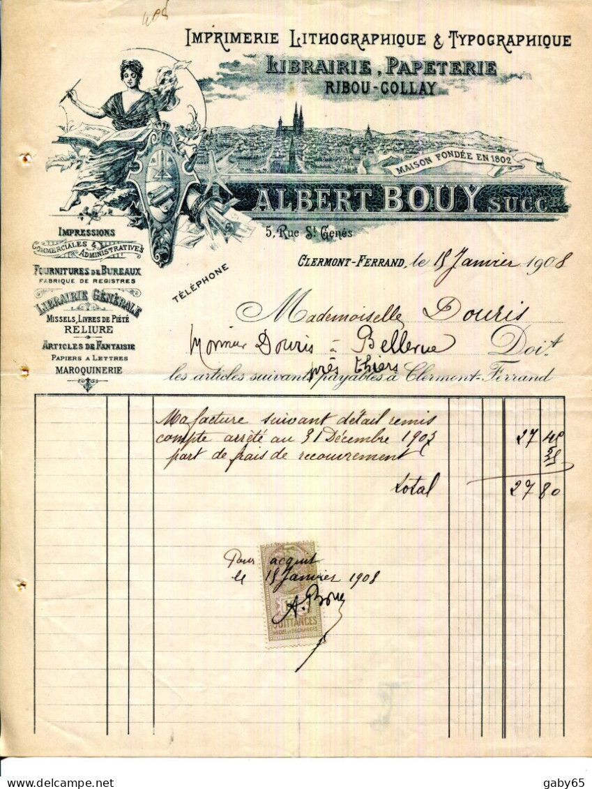 FACTURE.63.CLERMONT FERRAND.IMPRIMERIE.LITHOGRAPHIE.RIBOU-COLLAY IA.BOY SUCC.5 RUE SAINT GENÈS - Printing & Stationeries