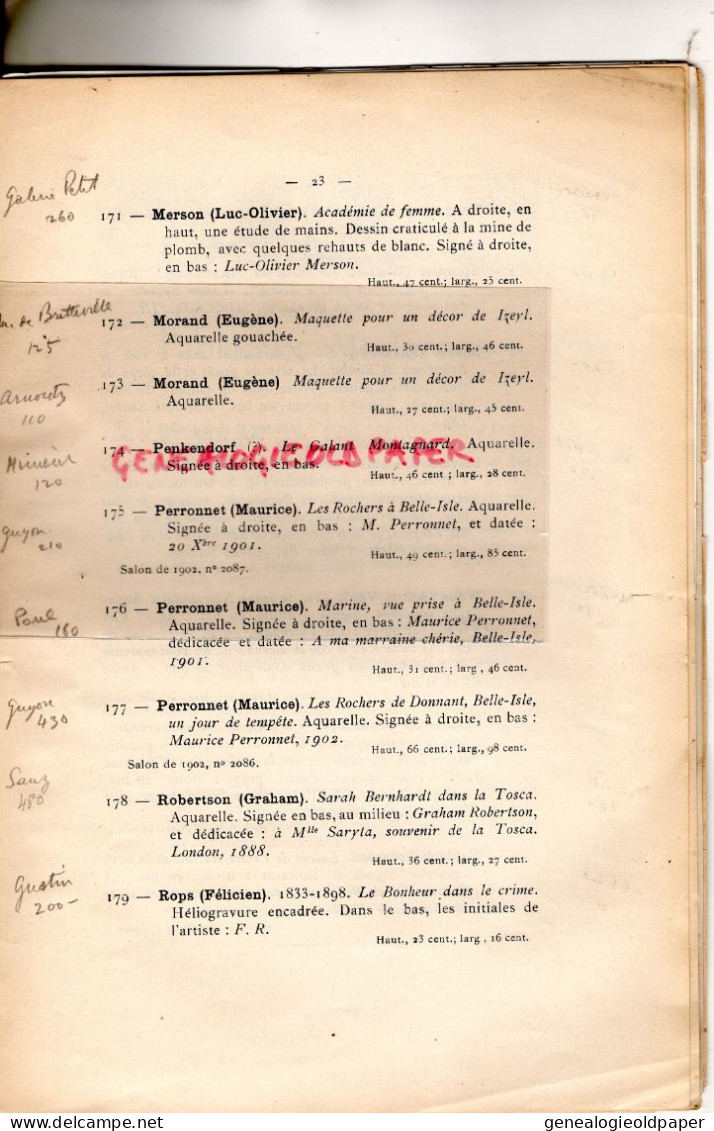 75- PARIS- RARE CATALOGUE TABLEAUX AQUARELLES BIJOUX THEATRE SARAH BERNHARDT-GALERIE GEORGES PETIT 8 RUE DE SEZE -1923 - Historical Documents