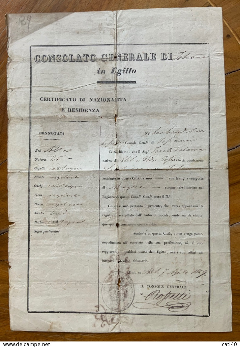 ROSSETTI ANNIBALE, CONSOLE GENERALE DI TOSCANA IN ALESSANDRIA D'EGITTO - 7/8/1849  FIRMA AUTOGRAFA CONTROFIRMATA  -- - Documents Historiques