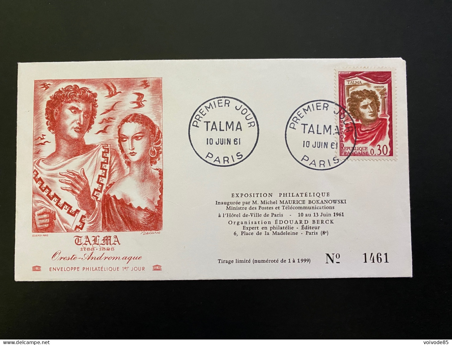 Enveloppe 1er Jour "Talma - Oreste-Andromaque" - 10/06/1961 - 1302 - 1960-1969