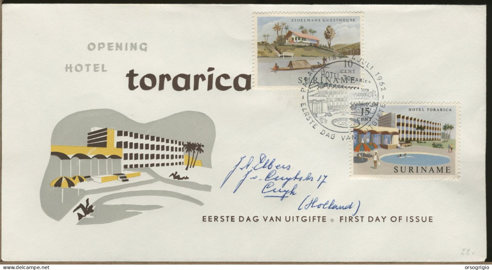 SURINAME - FDC 1962 - HOTEL TORARICA - Hotels, Restaurants & Cafés