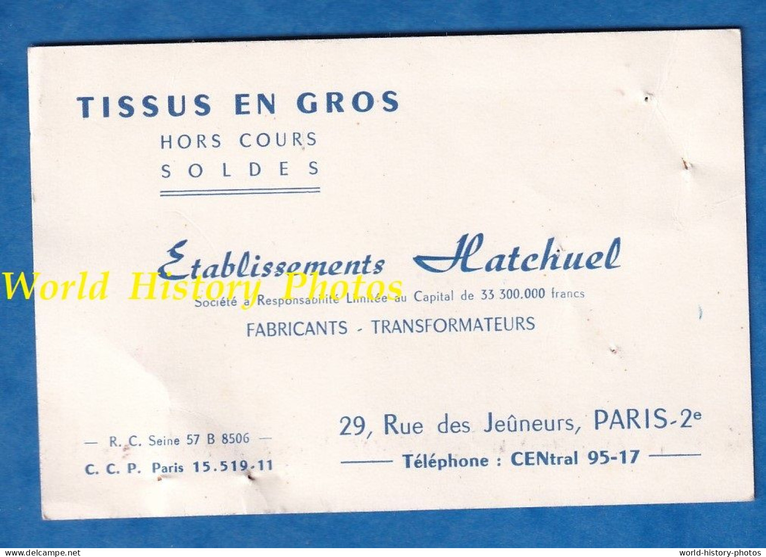 Carte De Visite Ancienne - PARIS - Etablissements HATCHUEL Tissu En Gros - 29 Rue Des Jeûneurs - Judaïca - Visitekaartjes