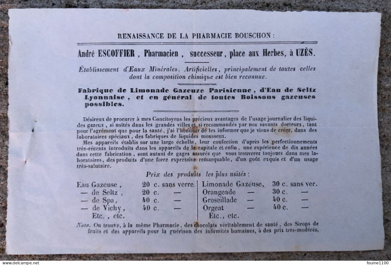 PUBLICITE Fabique De Limonade Seltz ANDRE ESCOFFIER à UZES 30 GARD ( Anc. Renaissance Pharmacie BOUSCHON ) - 1800 – 1899