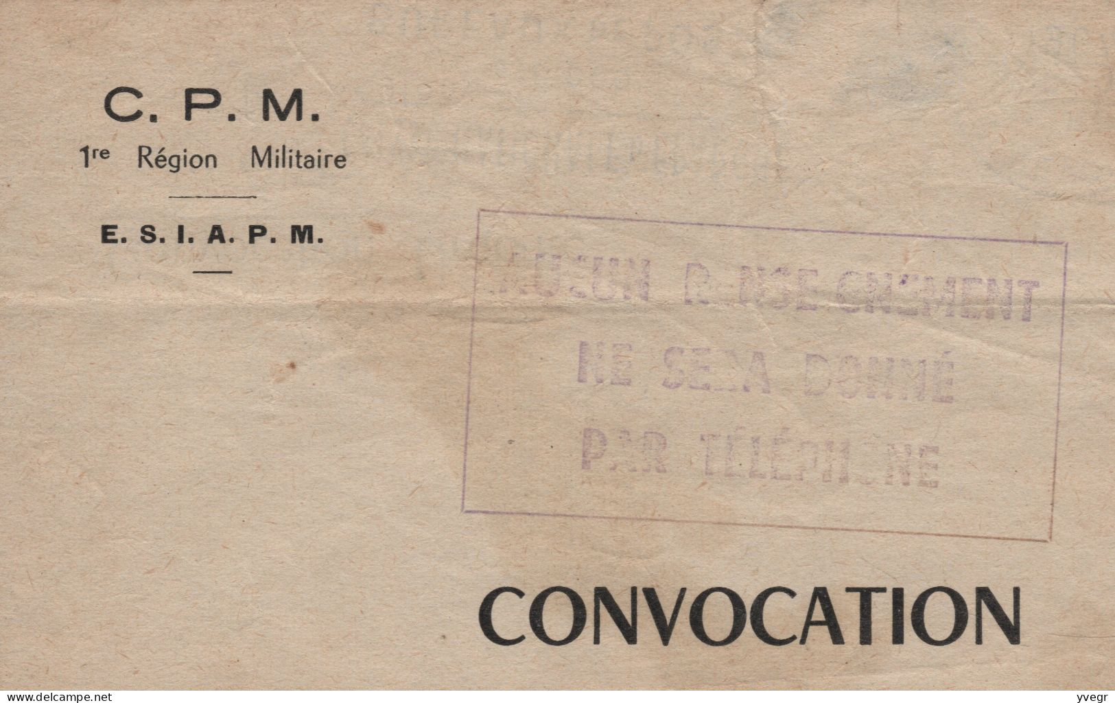 Militaria - Convocation URGENTE - C.P.M. 1re Région Militaire - E.S.I.A.P.M - à Puteaux Le 28 Septembre 1964 - Historical Documents