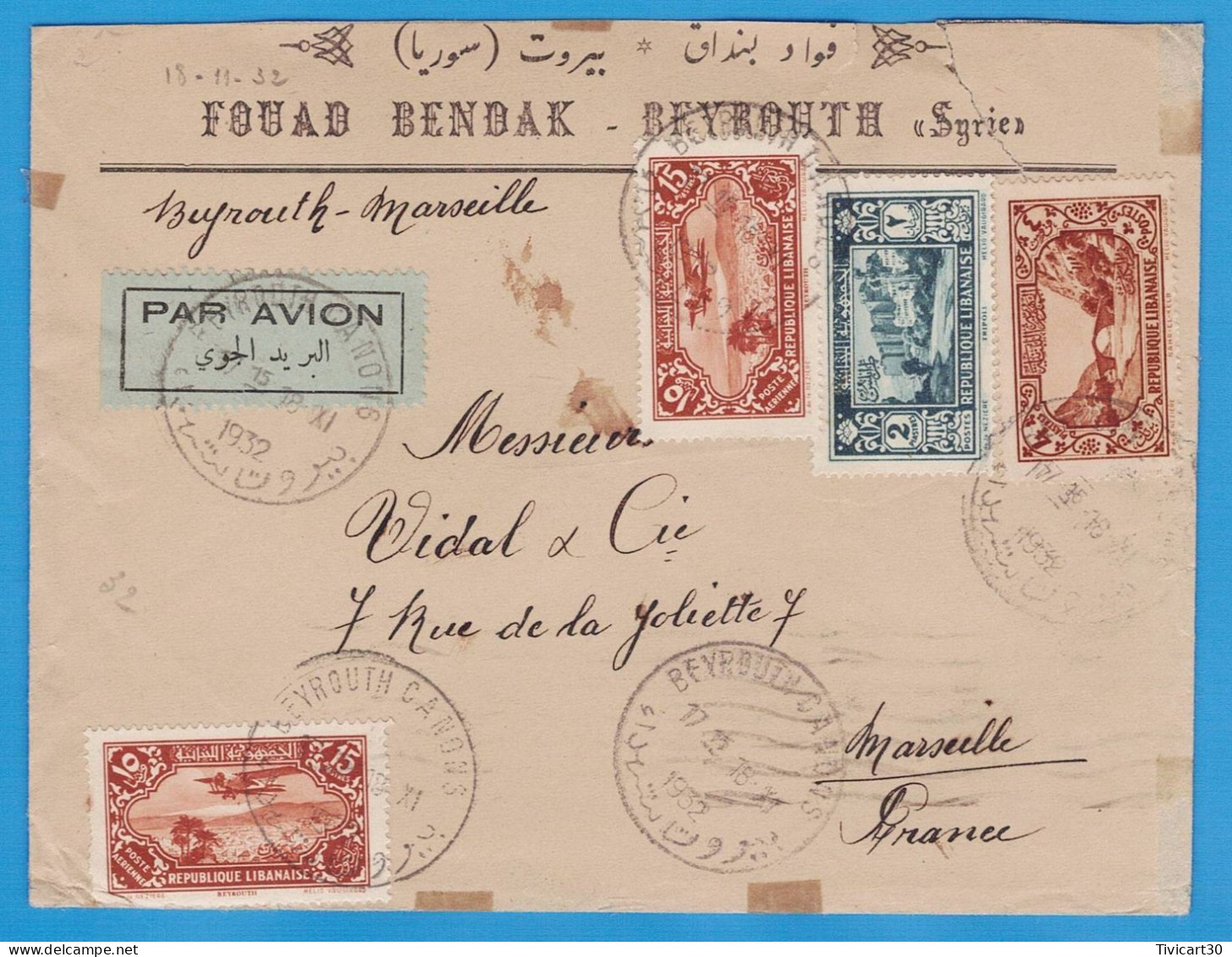 LETTRE PAR AVION DU GRAND LIBAN DE 1932 - FOUAD BENDAK, BEYROUTH "SYRIE" POUR MARSEILLE - Luftpost