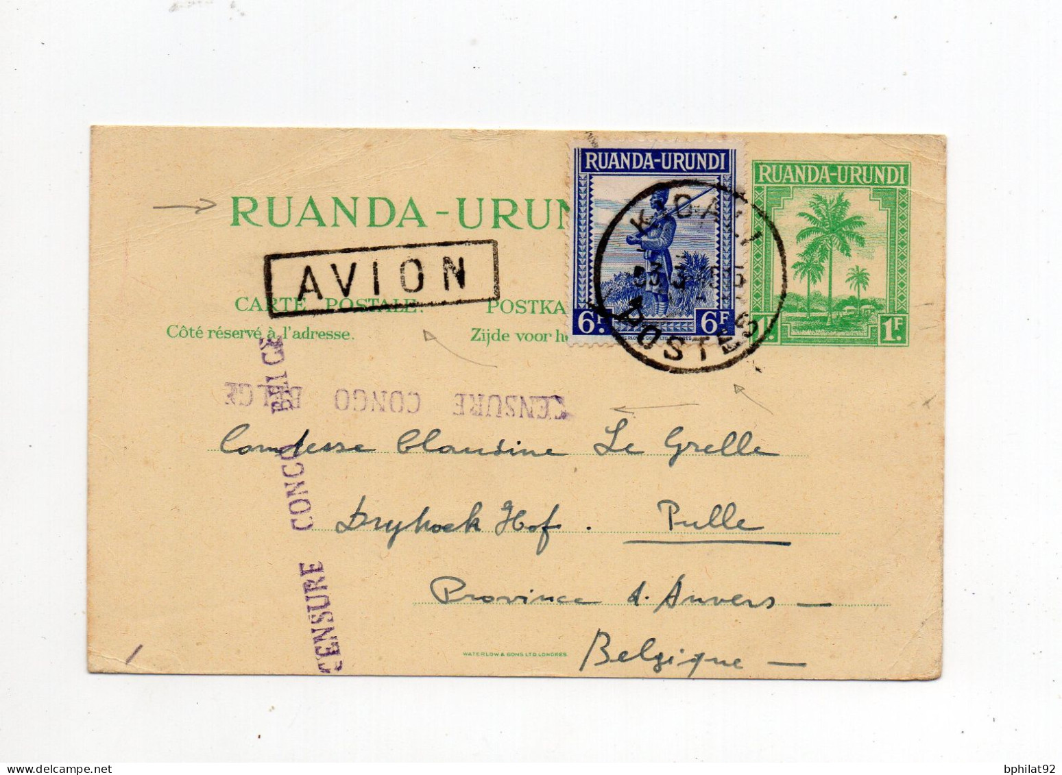 !!! ENTIER POSTAL PAR AVION DU RUANDA CACHET DE KIGALI ET CENSURE DU CONGO - Stamped Stationery