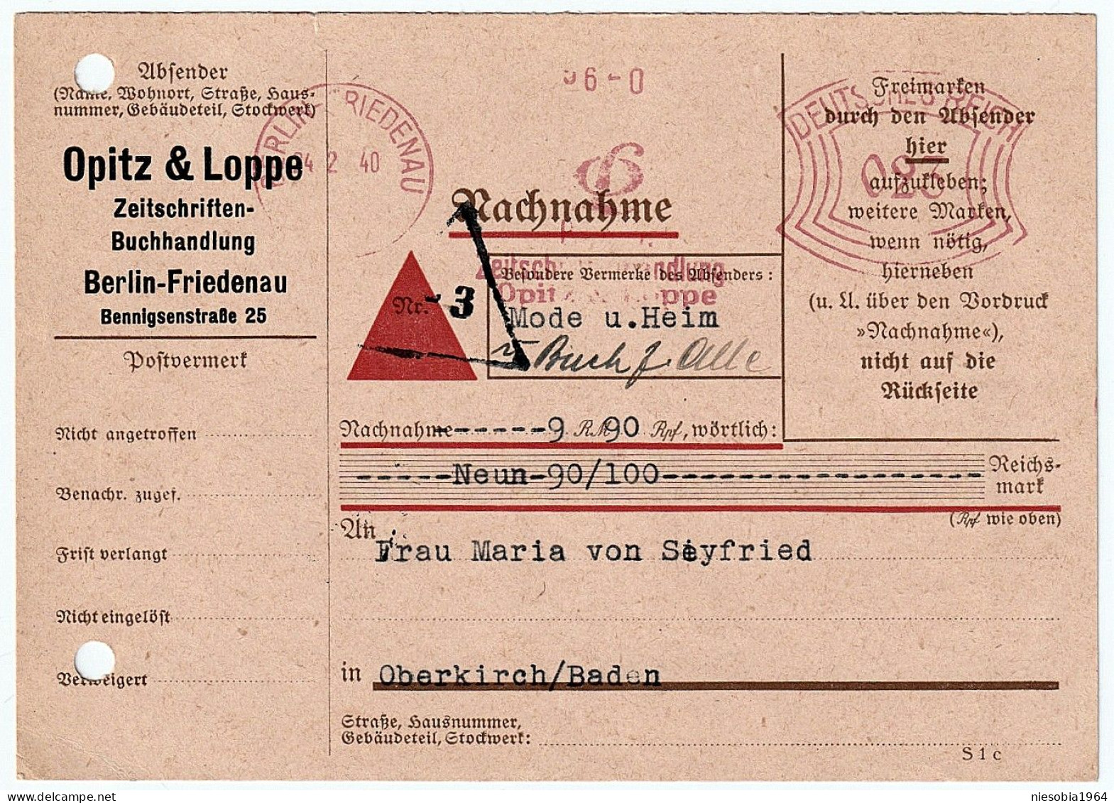 "Opitz & Loppe" To Maria Von Seyfried In Oberkirch - Company Postcard With Special Seal DR 023 Berlin February 24, 1940 - Briefkaarten