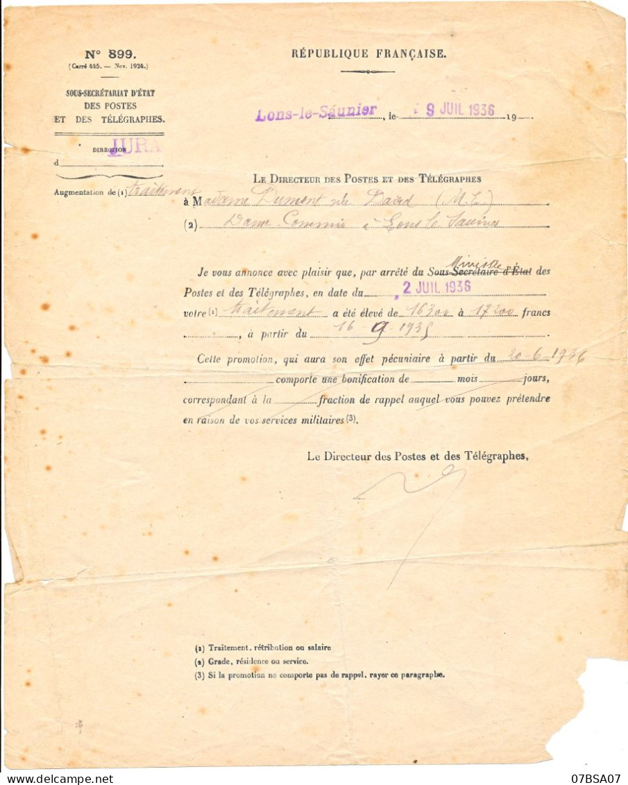 DOCUMENT POSTE JURA LETTRE 1936 POSTE ET TELEGRAPHE LONS LE SAUNIER AUGMENTATION TRAITEMENT EMPLOYE POSTES MODELE N° 899 - Historical Documents