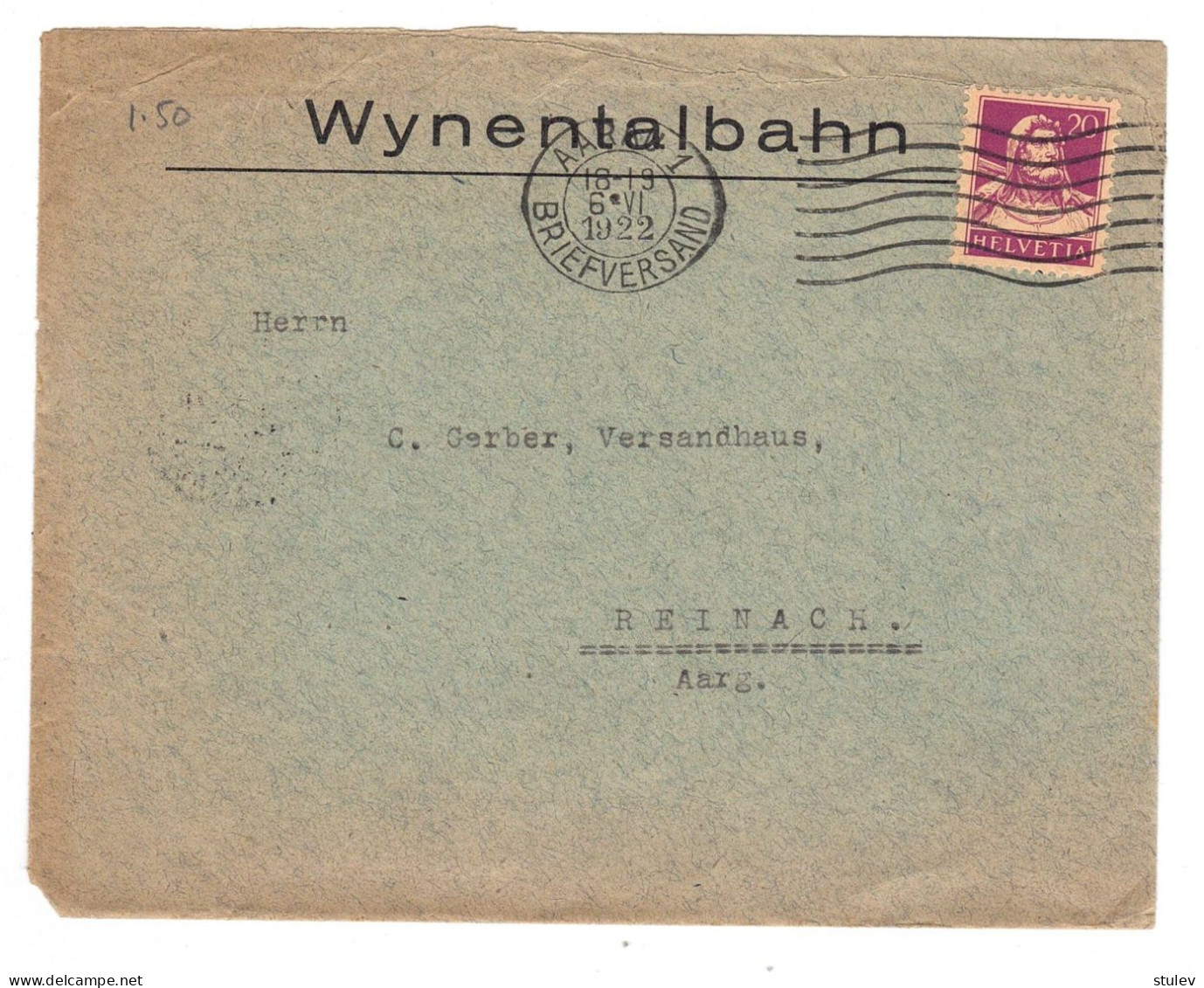 Switzerland 1922 Cover AARAU -- WYNENTALBAHN(a Private Railway Line) Envelope - Brieven En Documenten