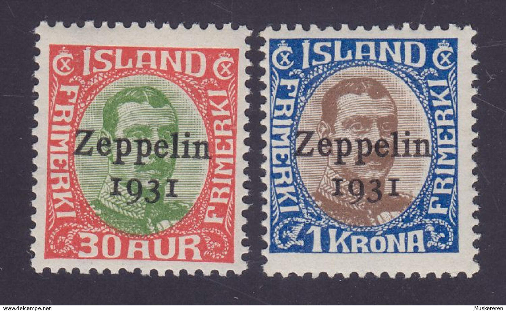 Iceland 1931 Mi. 147-48, 30 Aur & 1 Kr. Christian X. Overprinted Aufdruck Surchargé 'Zeppelin 1931', MNH** - Neufs