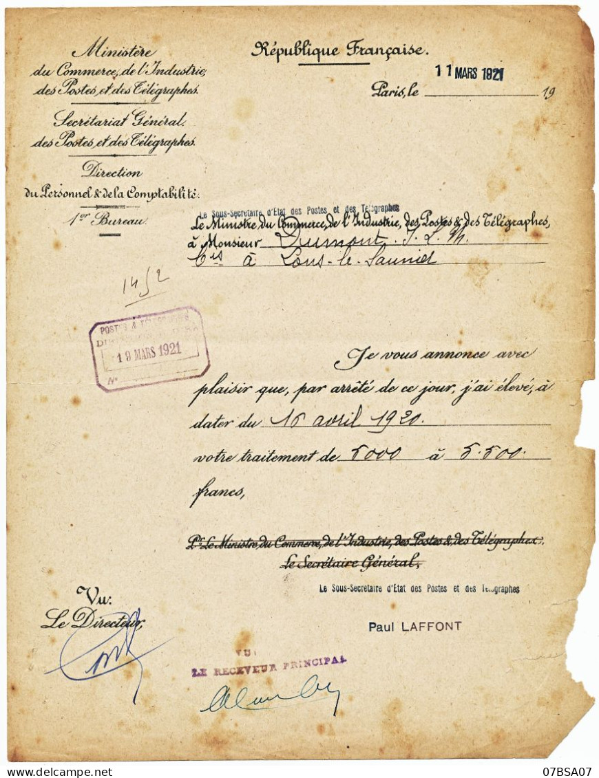 DOCUMENT POSTE JURA 1921 POSTES ET TELEGRAPHE AUGMENTATION DE TRAITEMENT A EMPLOYE DES POSTES A LONS LE SAUNIER - Documents Historiques