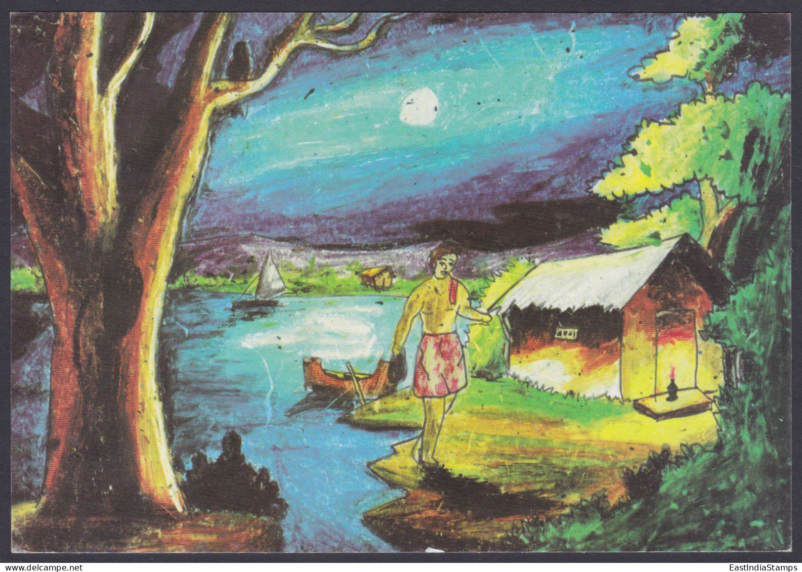 Inde India 2007 Mint Postcard Children's Day, Child, Drawing, Painting, Moon, Hut, Man, River, Boat, Trees - Inde
