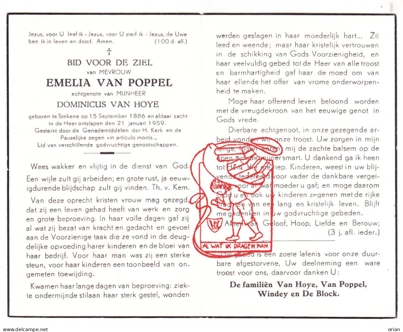 DP Emelia Van Poppel ° Stekene 1886 † 1959 X Dominicus Van Hoye // Windey De Block - Images Religieuses